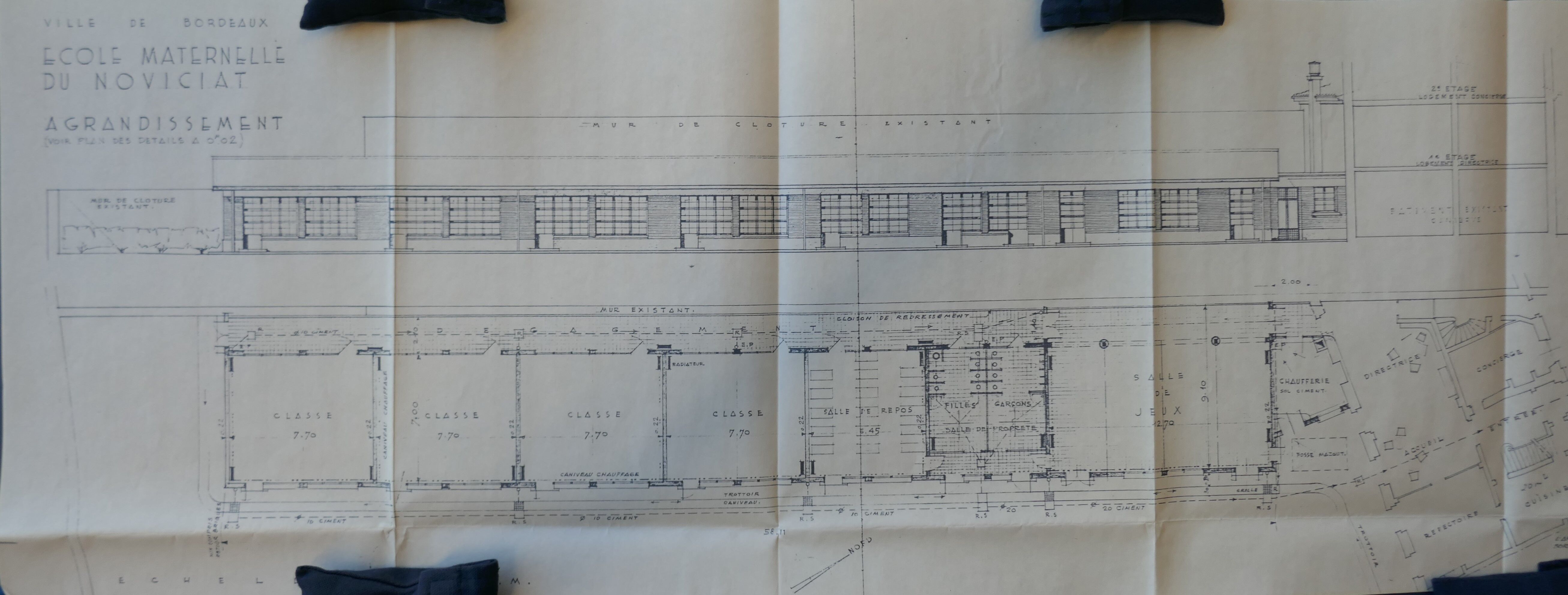 Plan et élévation de l'école maternelle par l'architecte Paul Vollette en 1955.