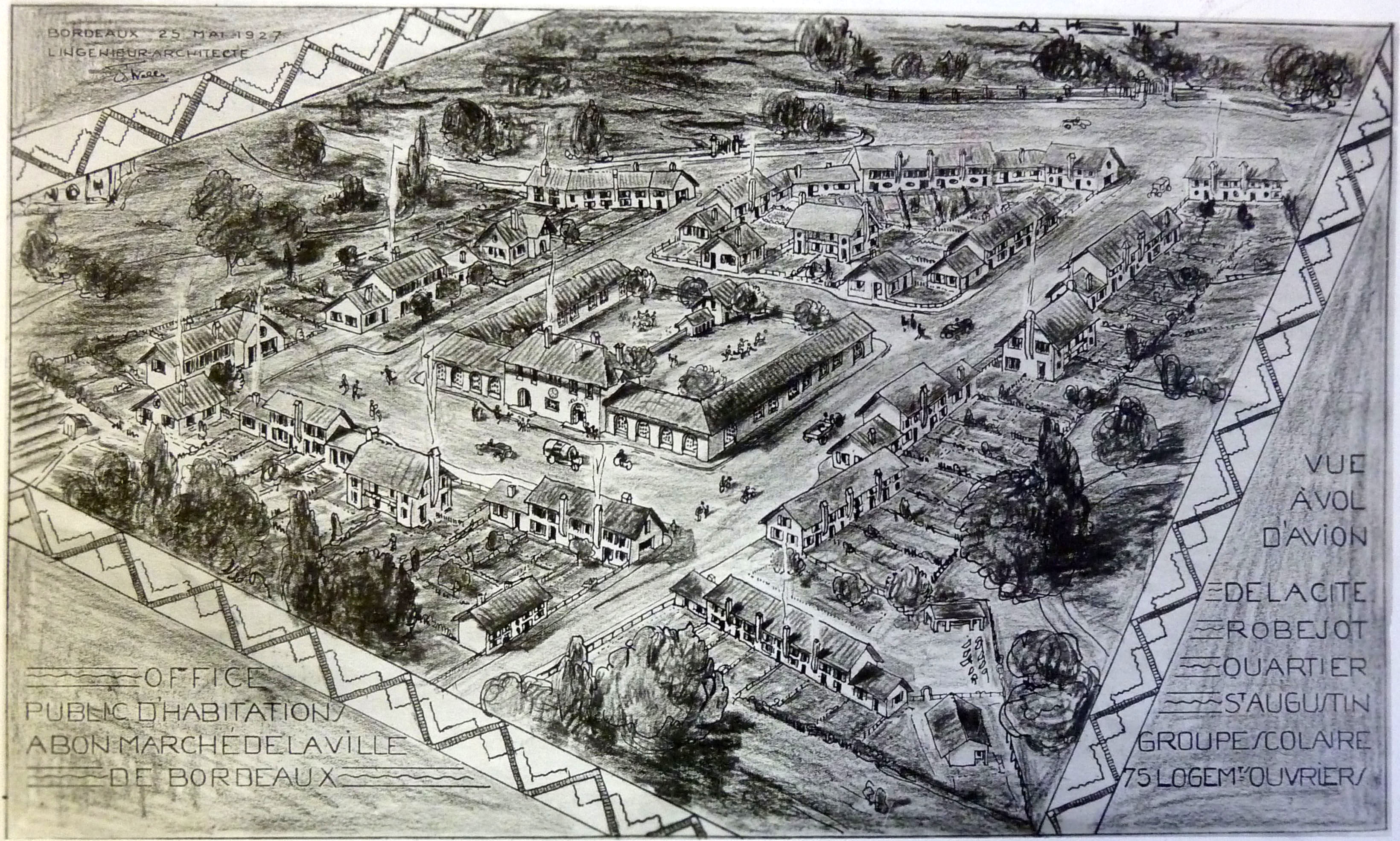 Vue à vol d’oiseau de la cité Loucheur avec le groupe scolaire, par l’architecte Jacques d’Welles 