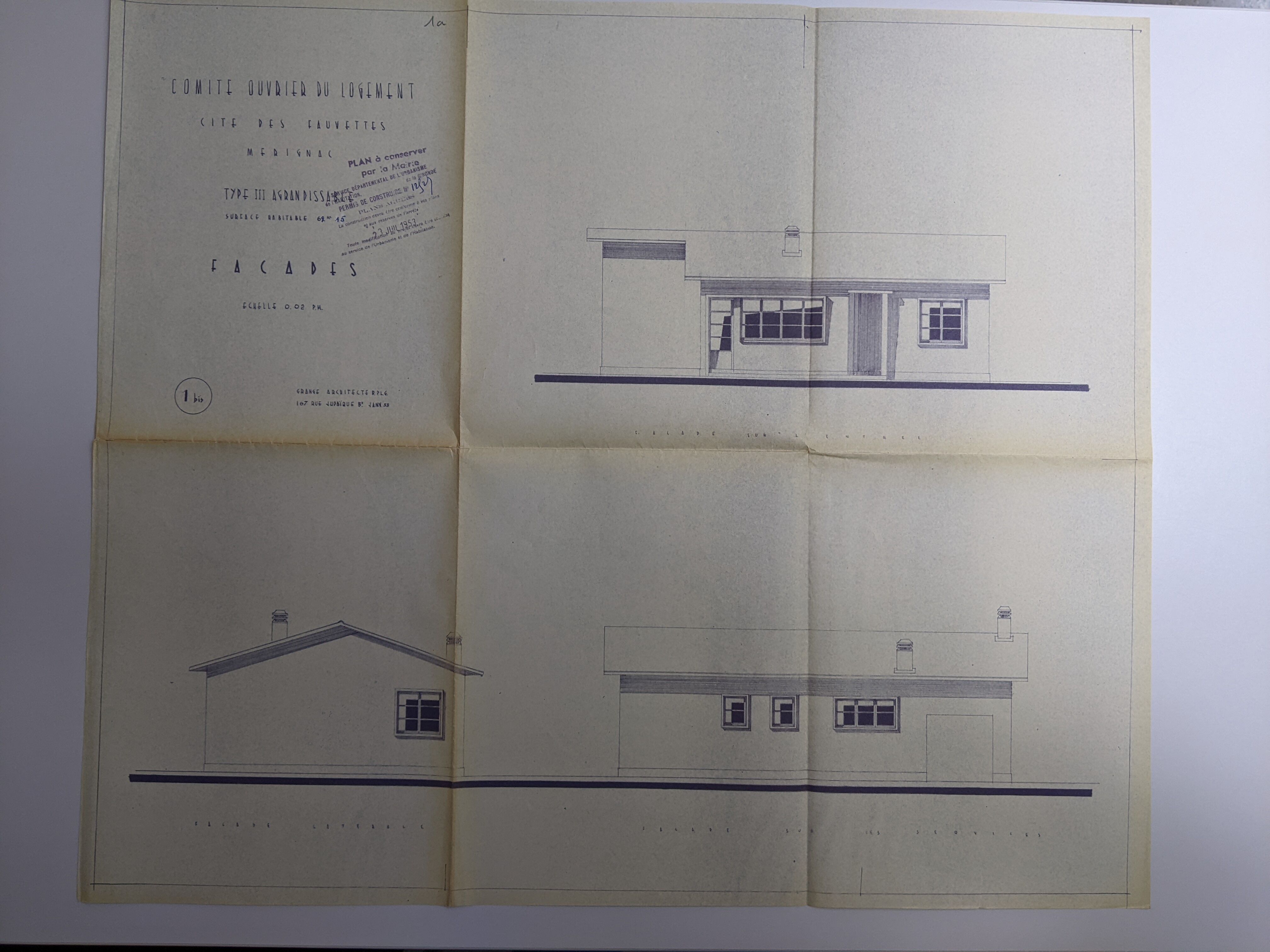 Façades d'une maison de type III par l'architecte Christian Grange, janvier 1953.