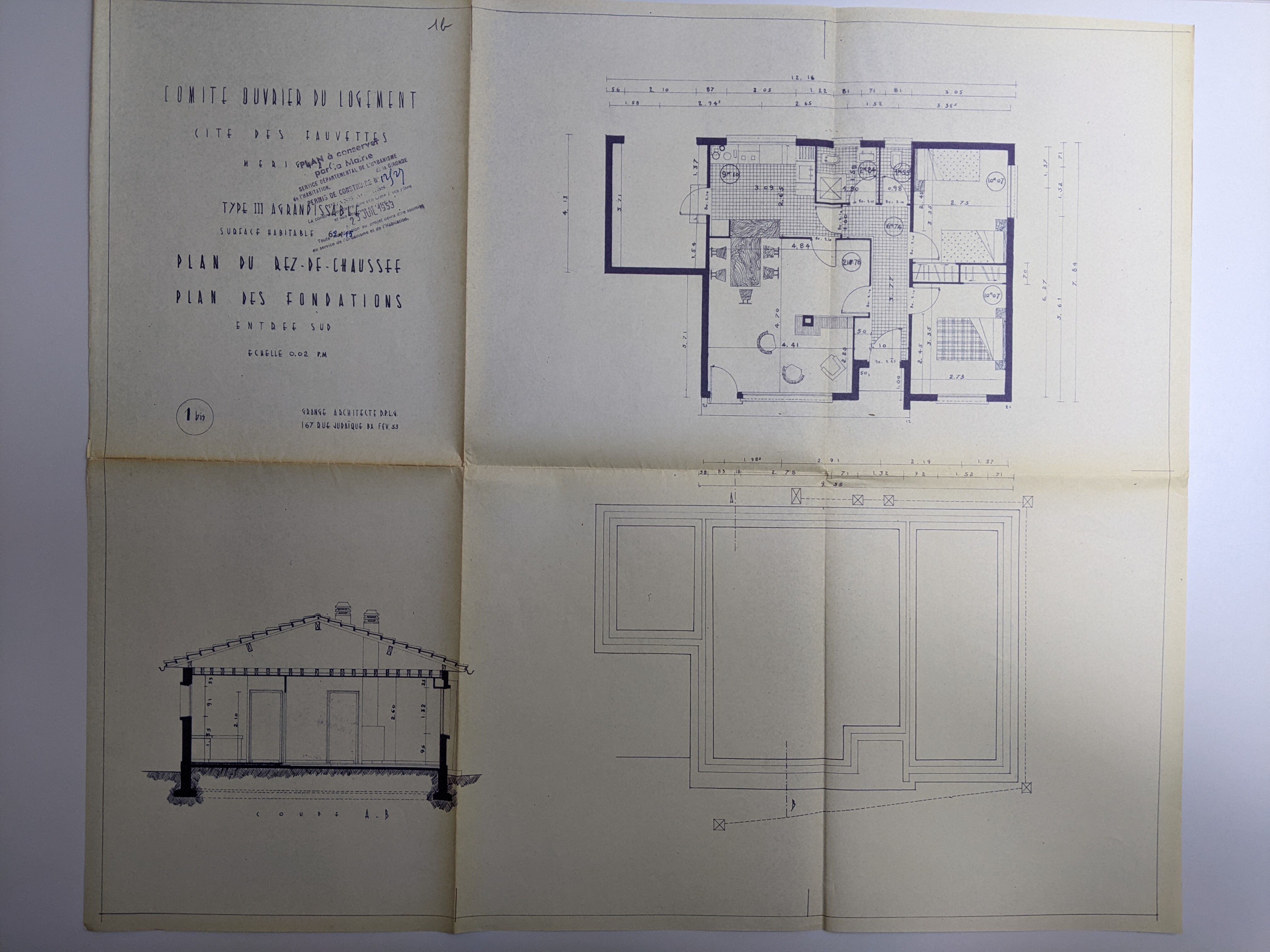 Plan d'une maison de type III par l'architecte Christian Grange, janvier 1953.