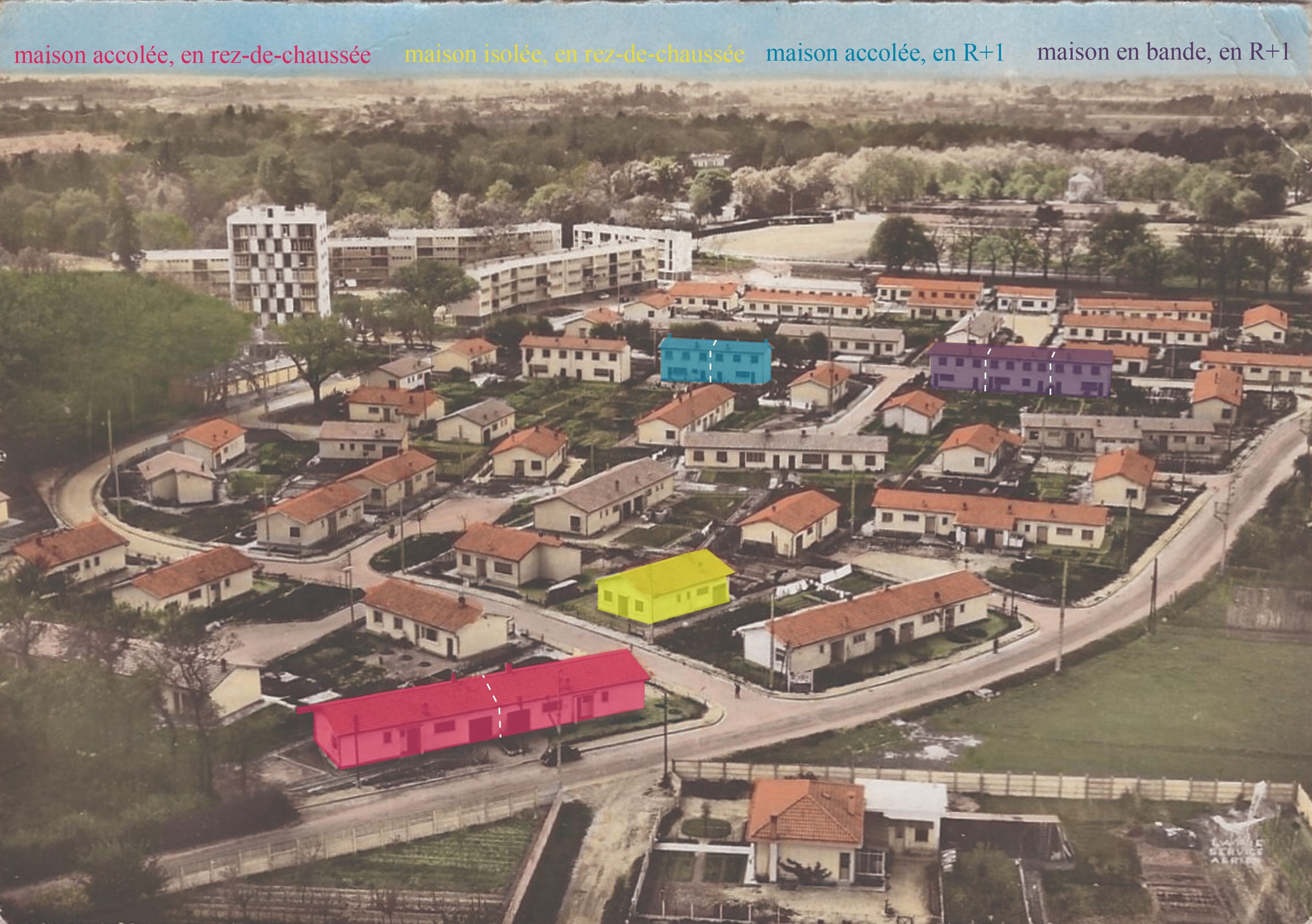 Les différents types de maisons sur une carte postale postale de 1960 (dessin F. Grollimund).