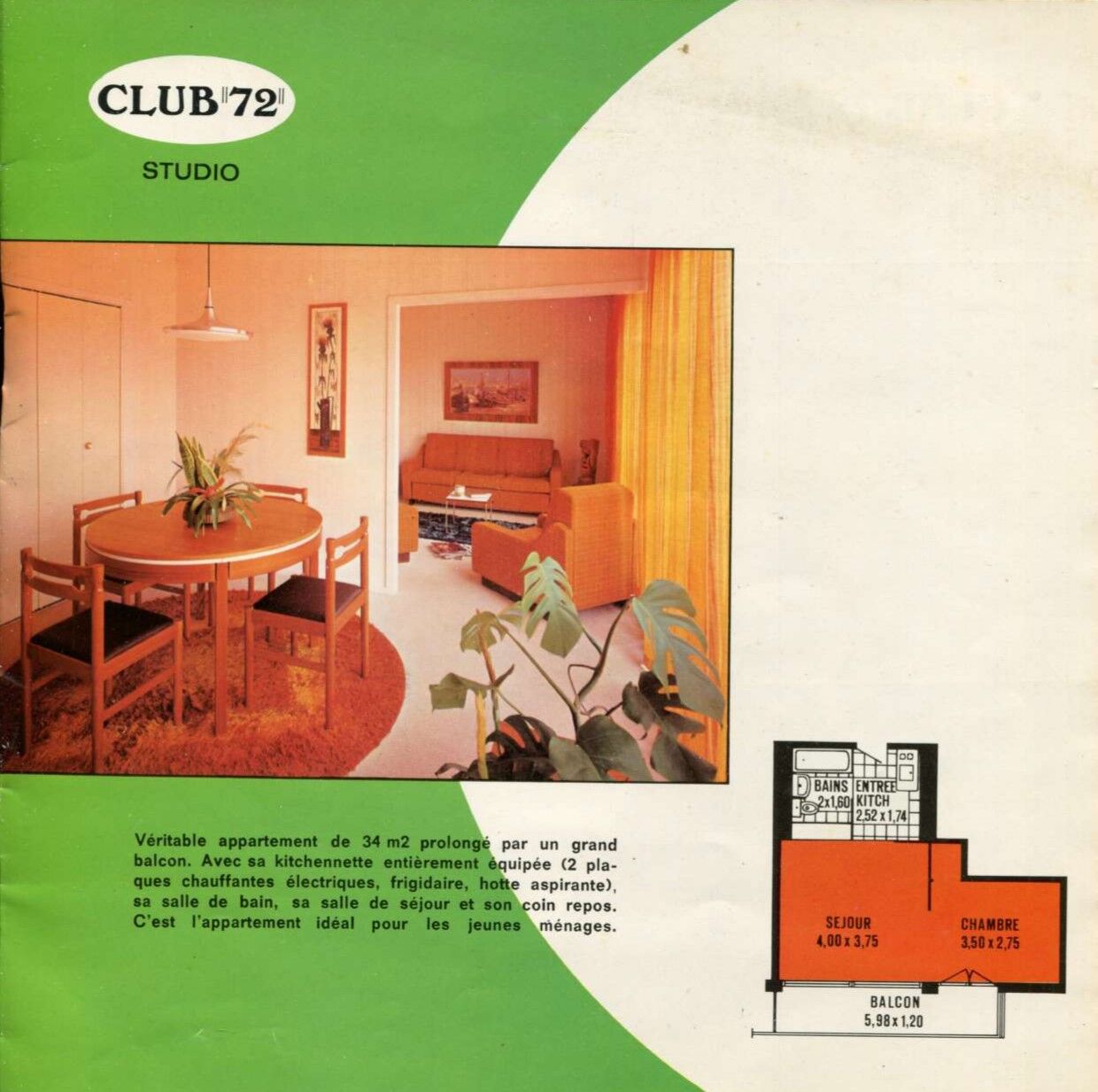 Brochure promotionnelle pour la résidence Le Club 72, vue du salon salle à manger, vers 1972.