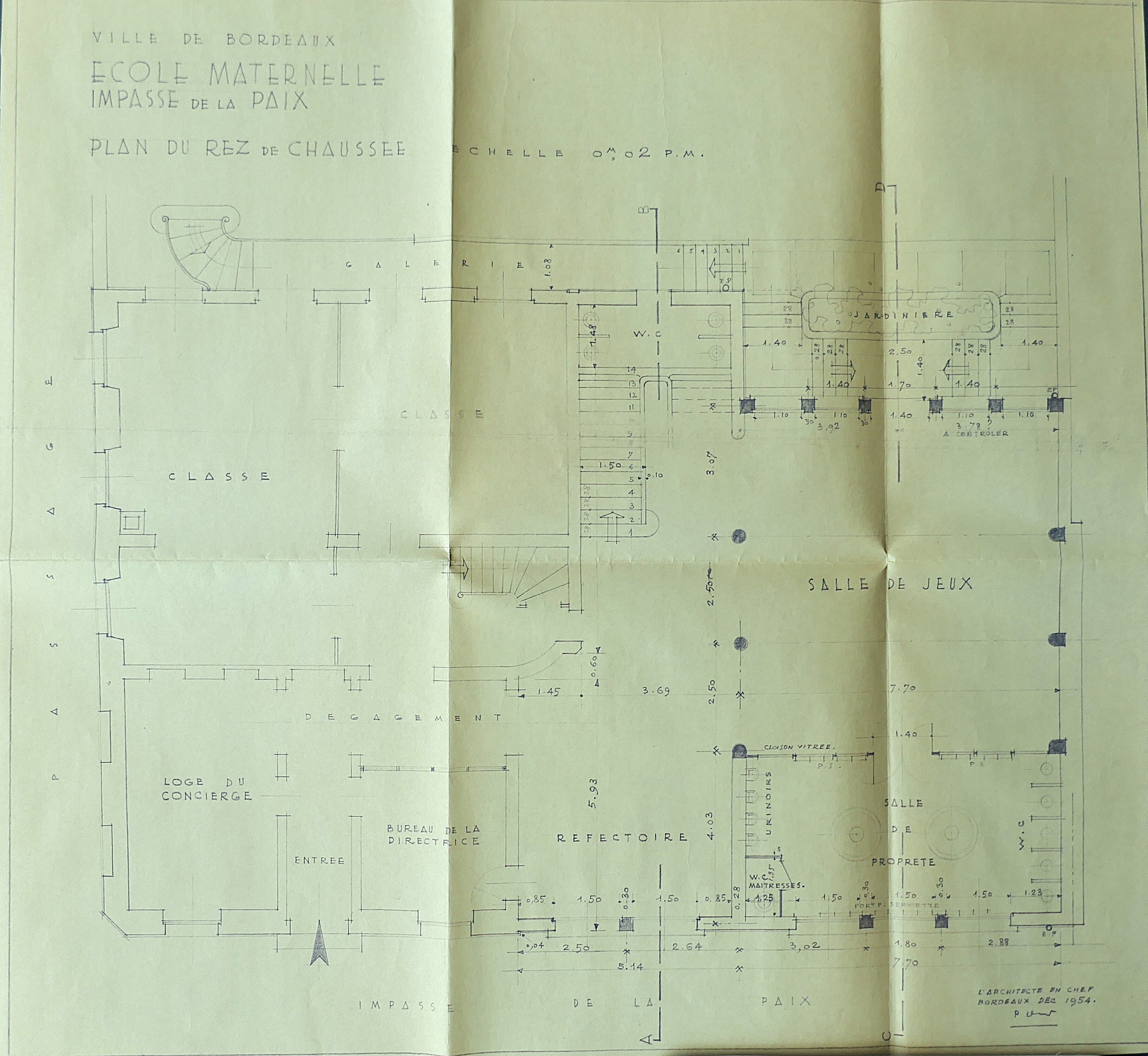 Plan du rez-de-chaussée des bâtiments réaménagés par l'architecte Paul Vollette, 1954.
