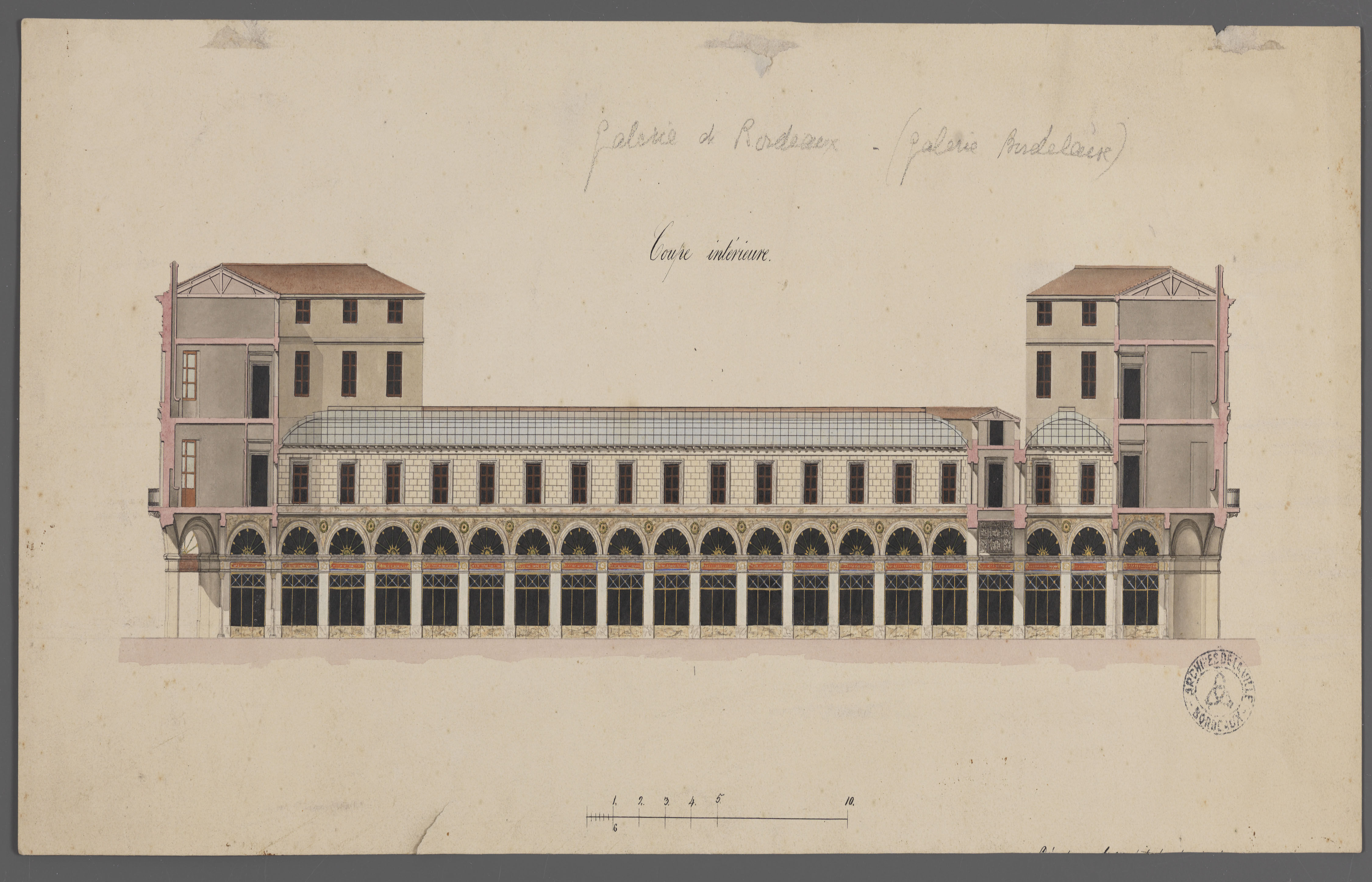 Élévation et coupe de la galerie bordelaise par l'architecte Gabriel Durand, vers 1830.