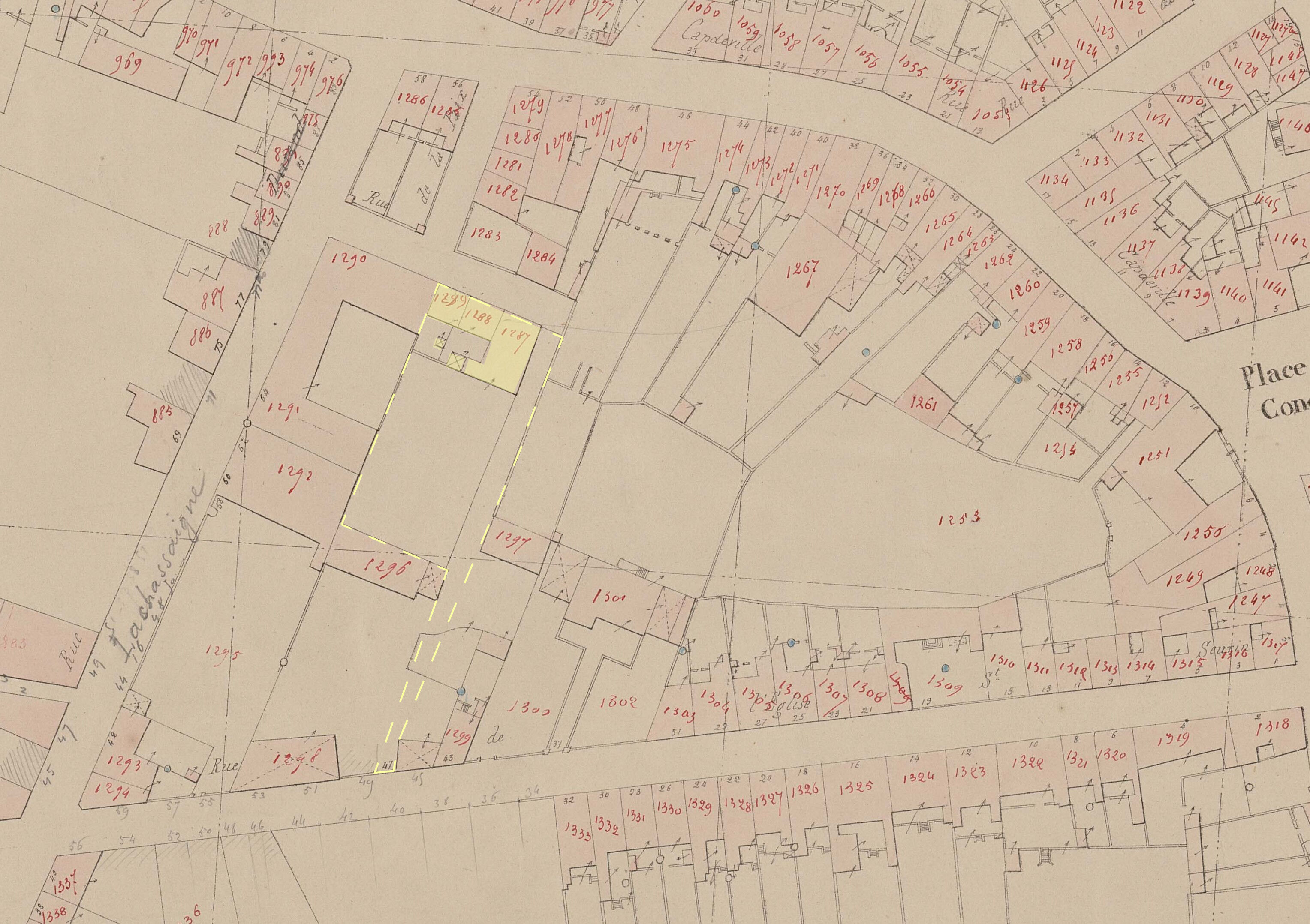 La parcelle et les immeubles acquis par la Ville de Bordeaux sur le cadastre de 1866.