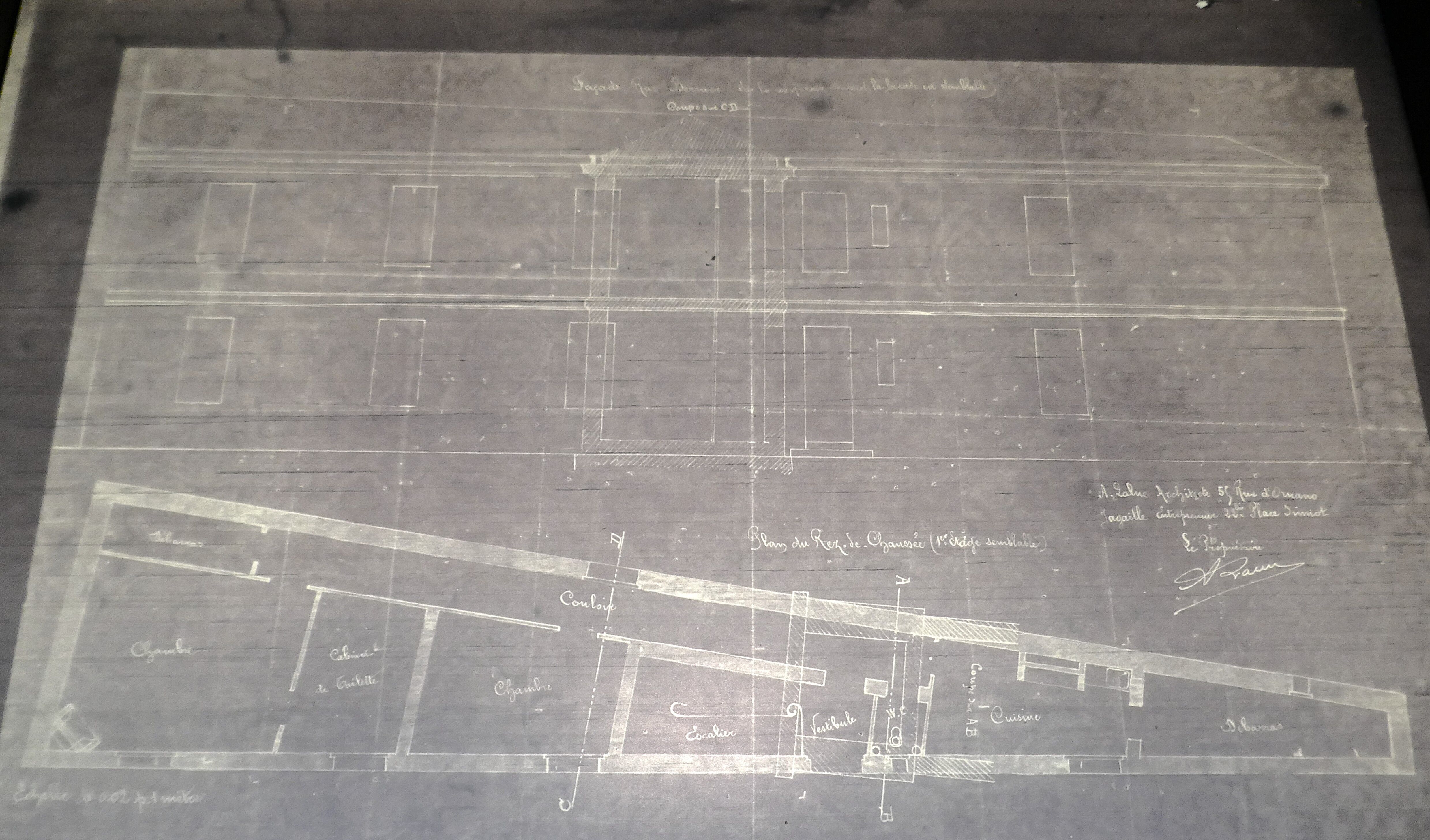 Élévation et plan par l'architecte Auguste Lalue en août 1907.