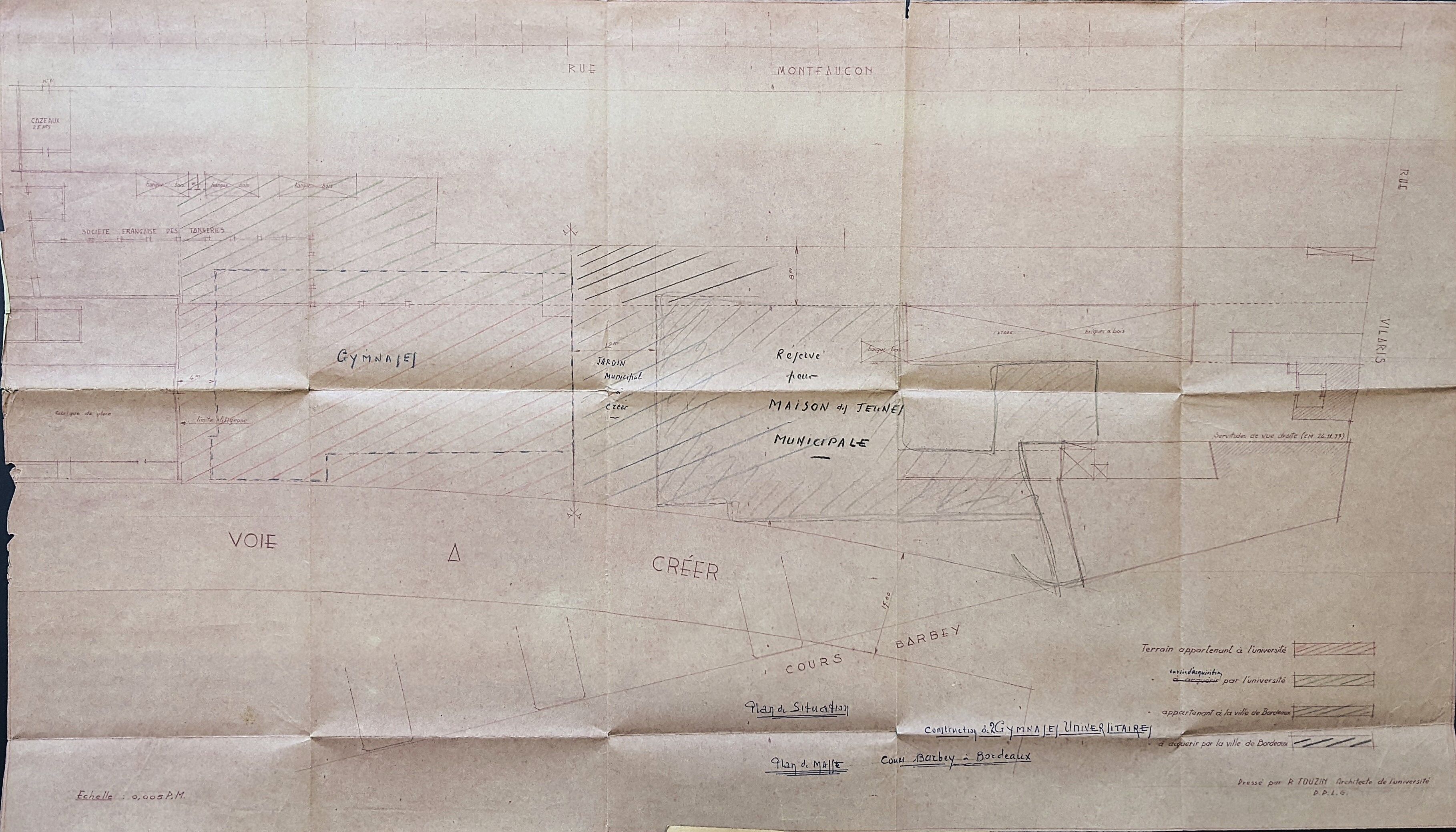 Plan de situation des gymnases par les architectes Robert et Jacques Touzin vers 1954.