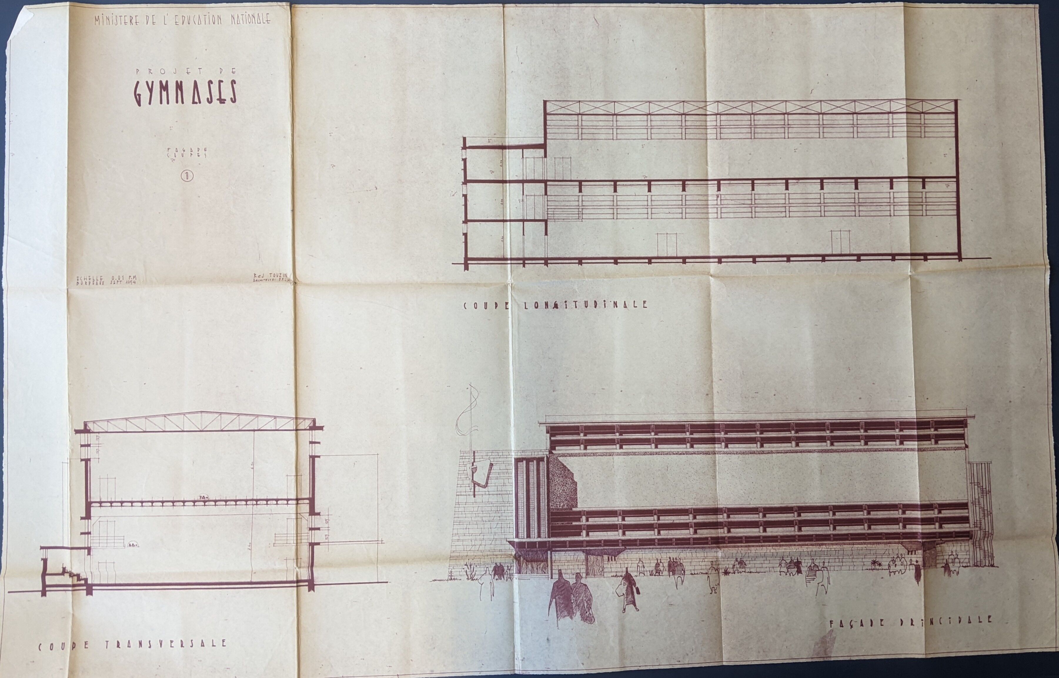 Coupes et élévation des gymnases par les architectes Robert et Jacques Touzin en 1954.
