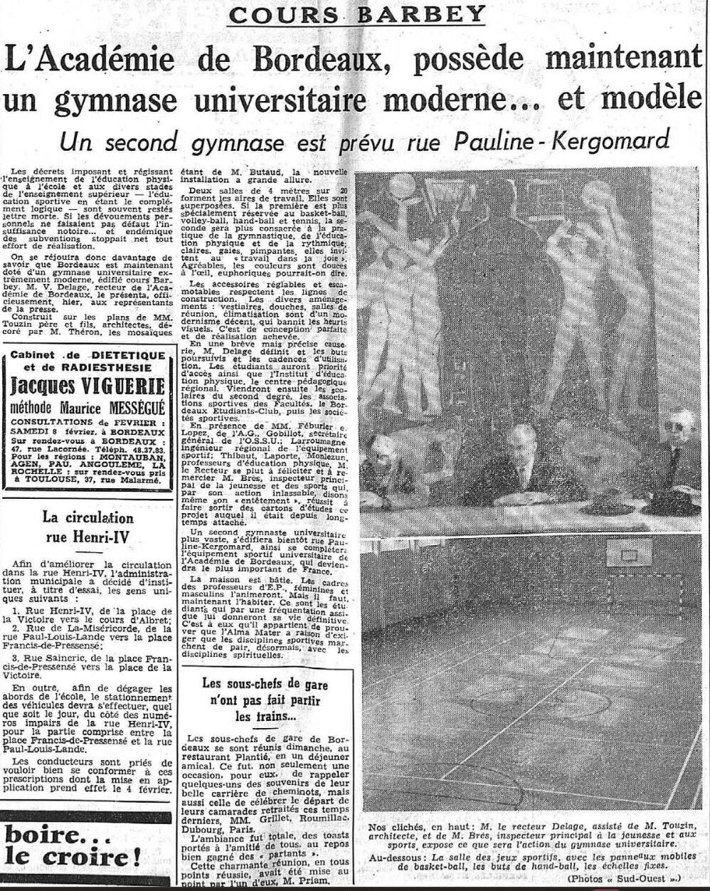 Extrait du journal Sud Ouest pour l'inauguration du gymnase universitaire Barbey en 1958.