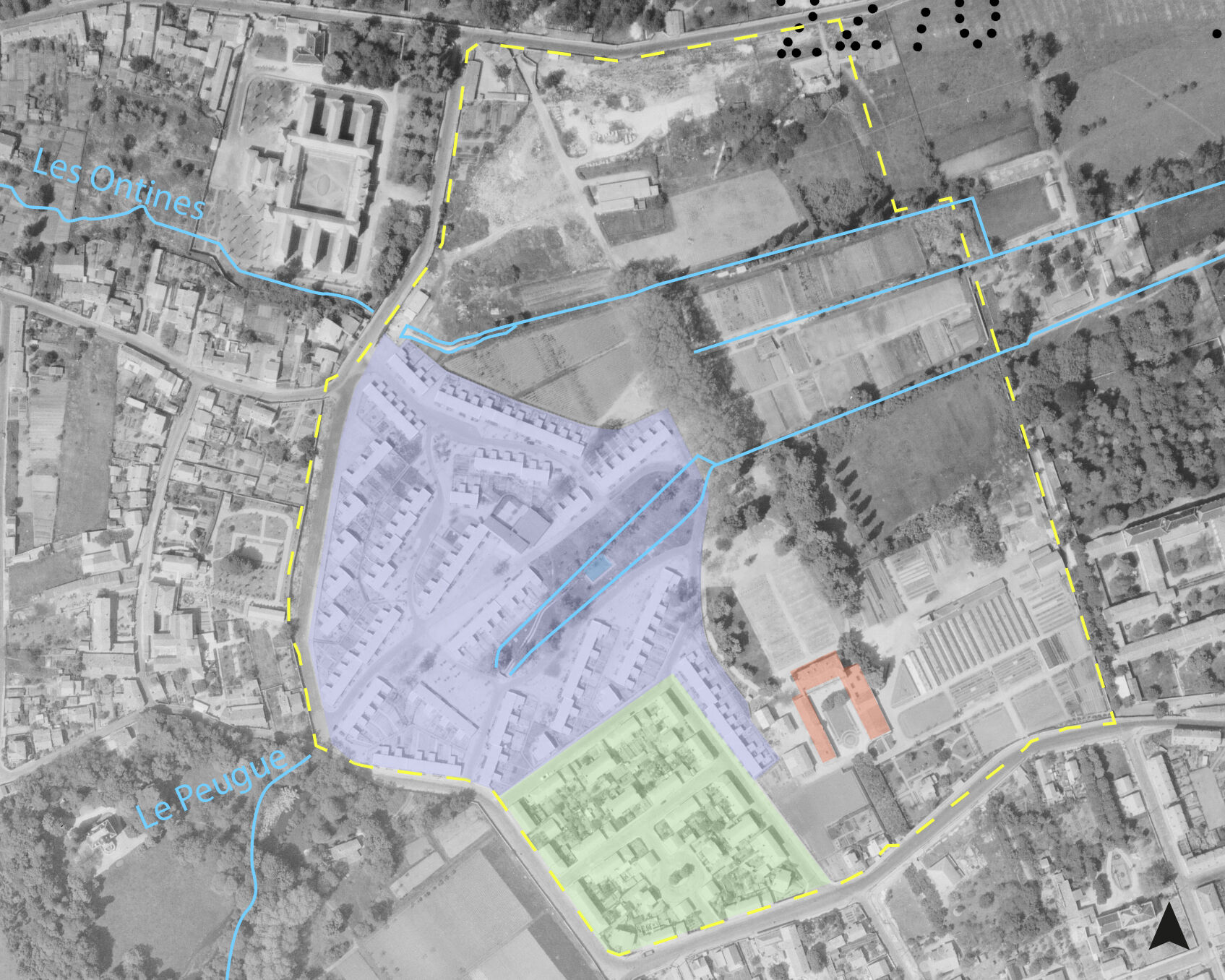 Dessin des cités Carreire I en vert et II en violet sur la vue aérienne de 1956.