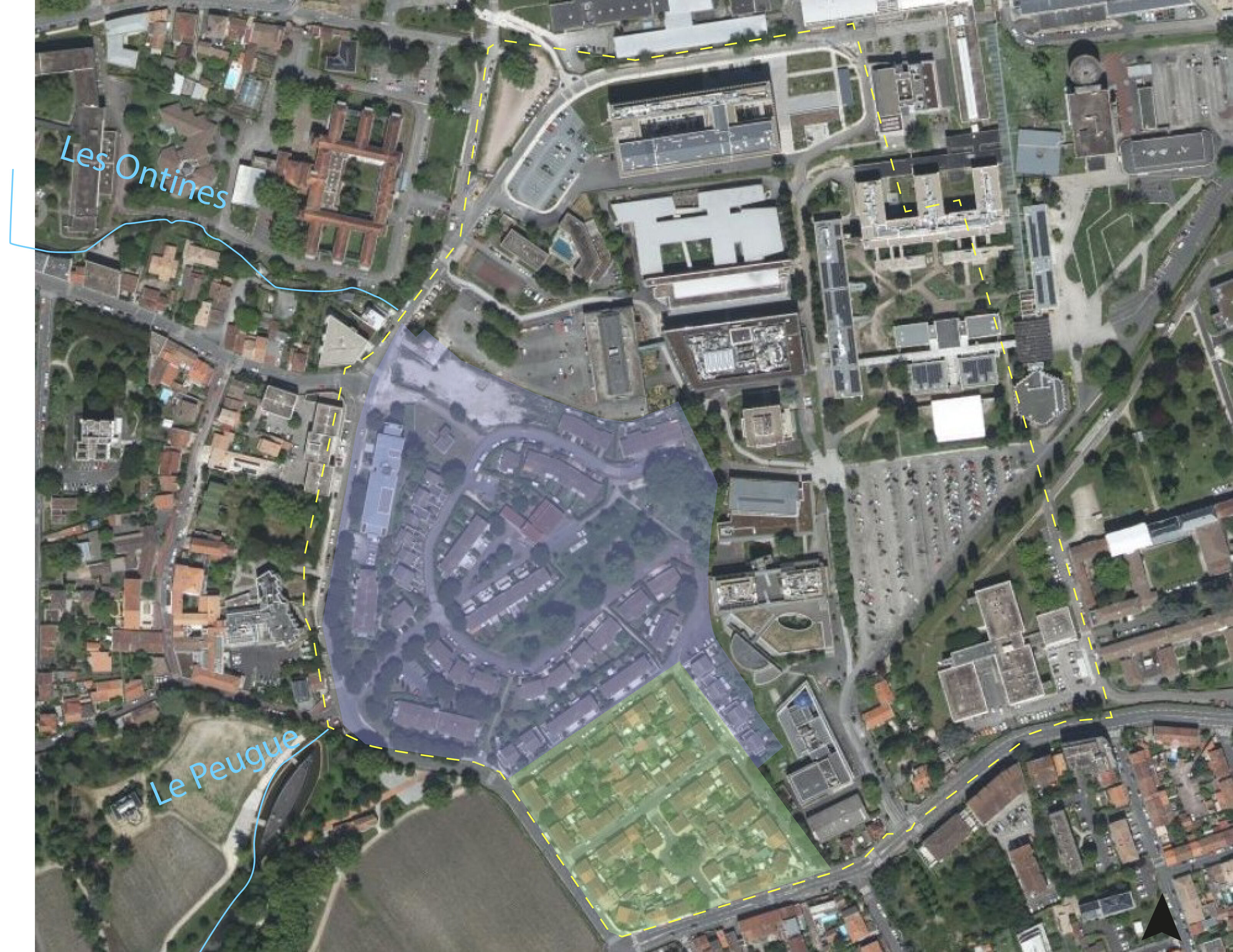 Dessin des cités Carreire I (vert) et II (violet) sur la vue aérienne de 2022.