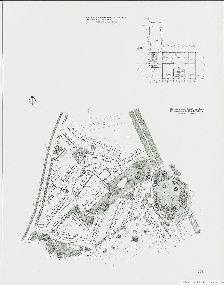 Plan de masse définitif par Jean Royer et plan de la crèche (Métraux), parus dans Urbanisme en 1953.