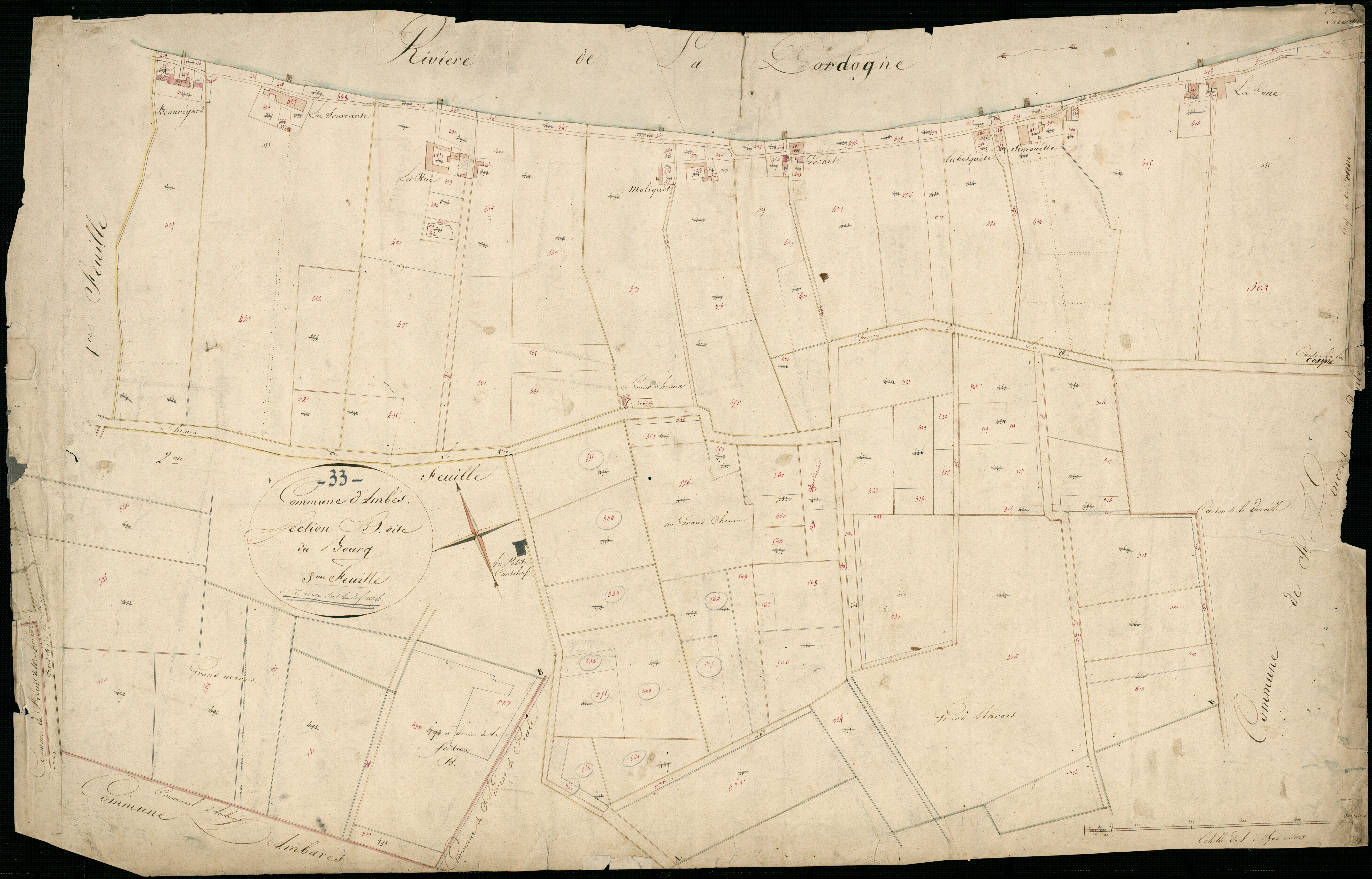 Le hameau de la Bousquette (Bosquete) sur le plan cadastral d'Ambès, vers 1810.