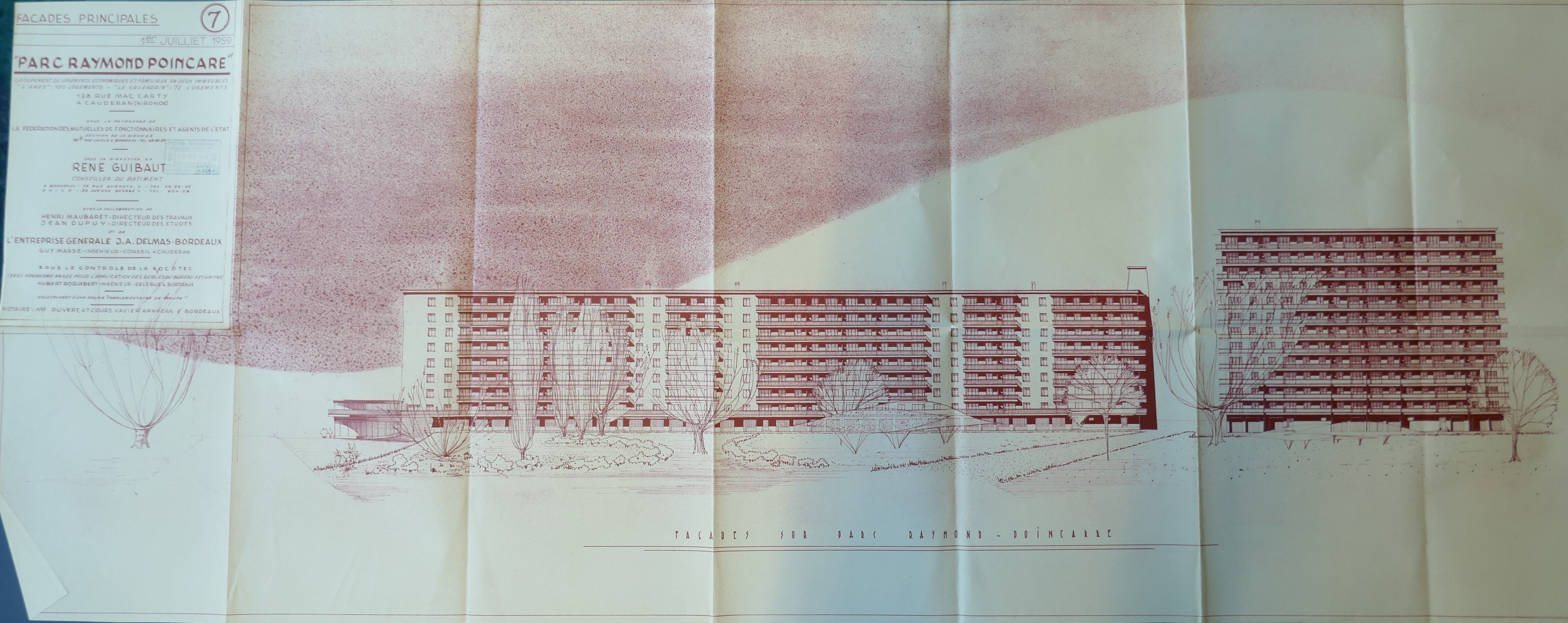 Élévation des façades est des résidences du Parc Raymond Poincaré par l'équipe de René Guibaut, 1959