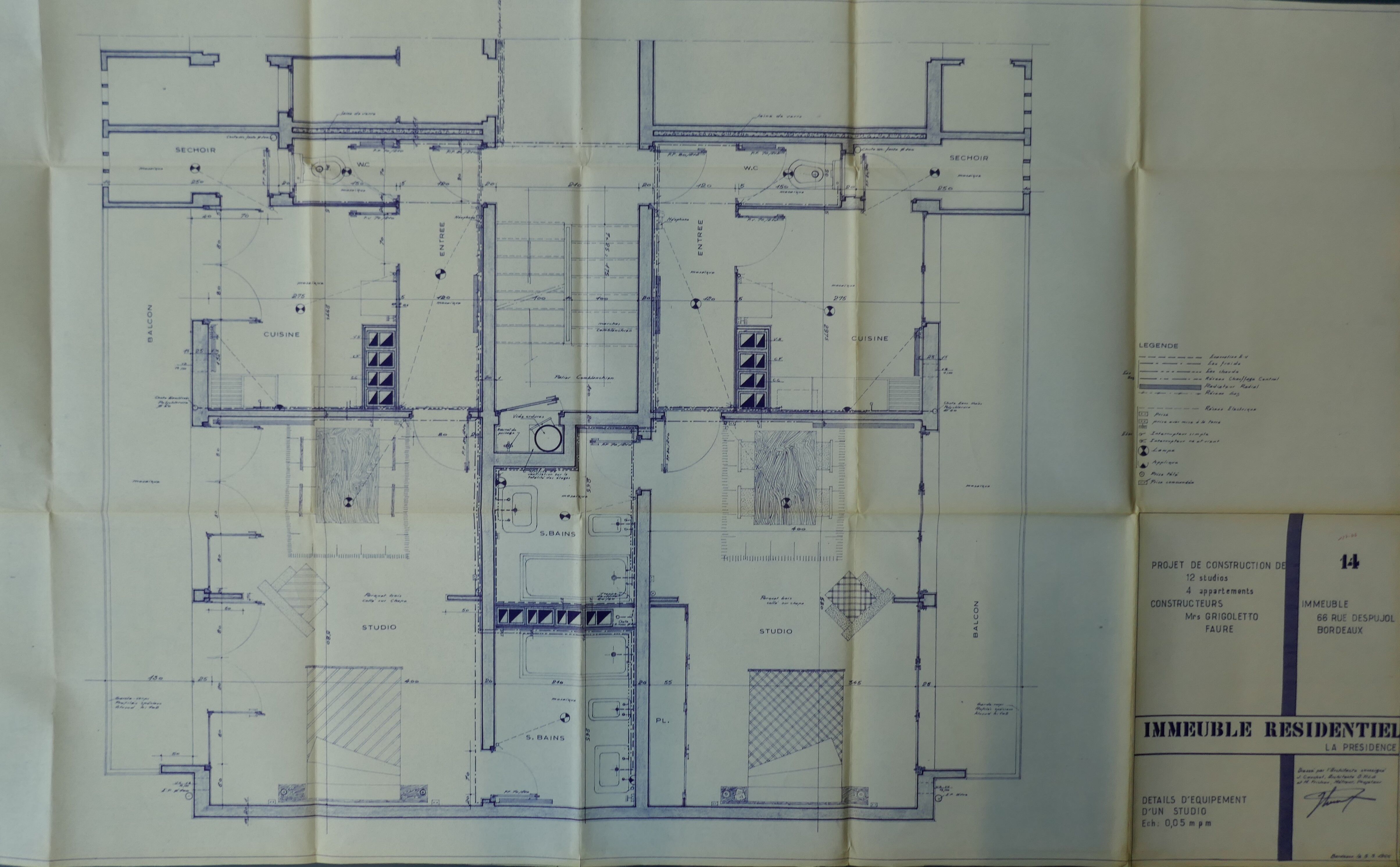 Plan de détail de l'équipement des studios par l'architecte Jacques Couchot, 1966.