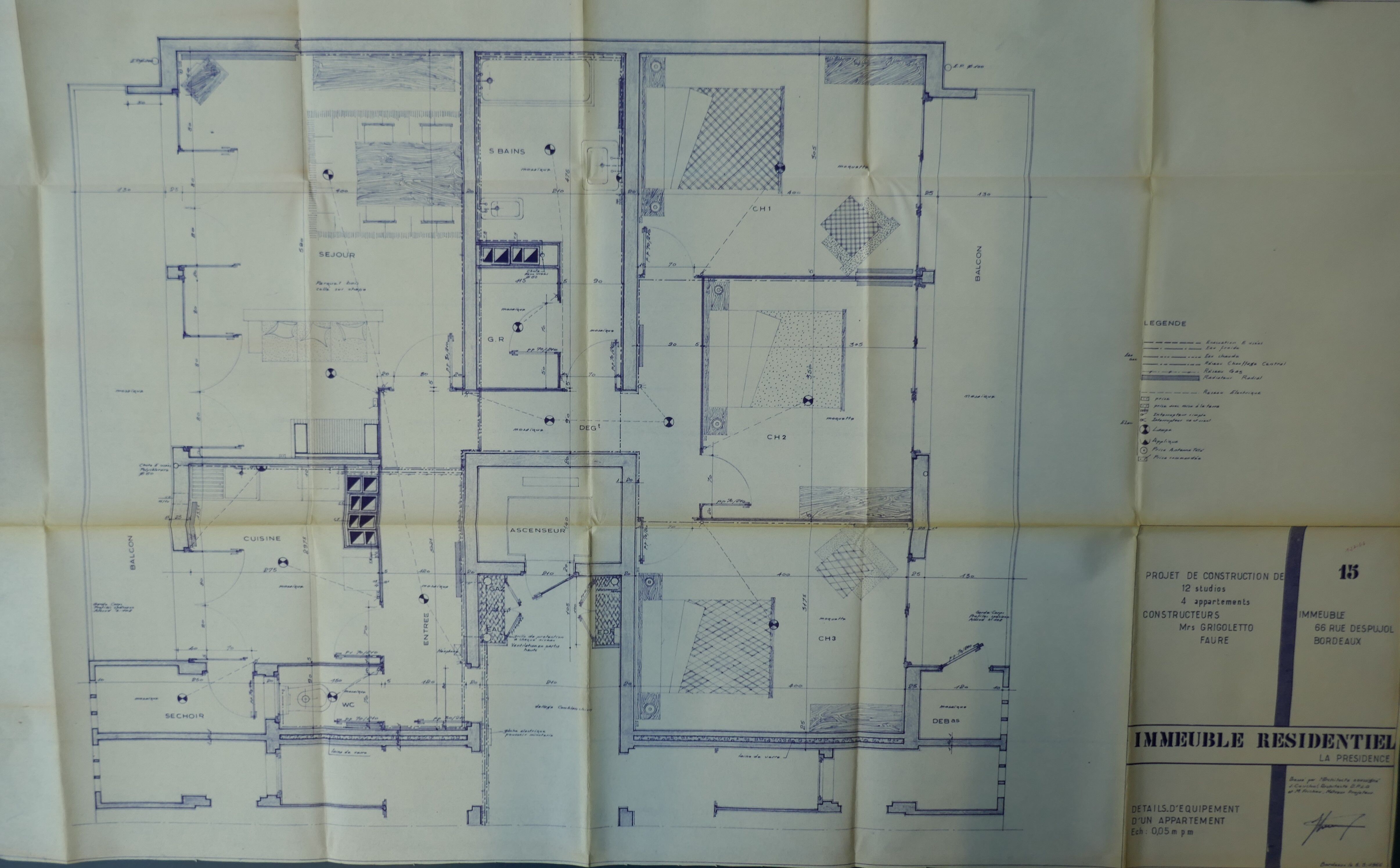Plan de détail de l'équipement des appartements par l'architecte Jacques Couchot, 1966.
