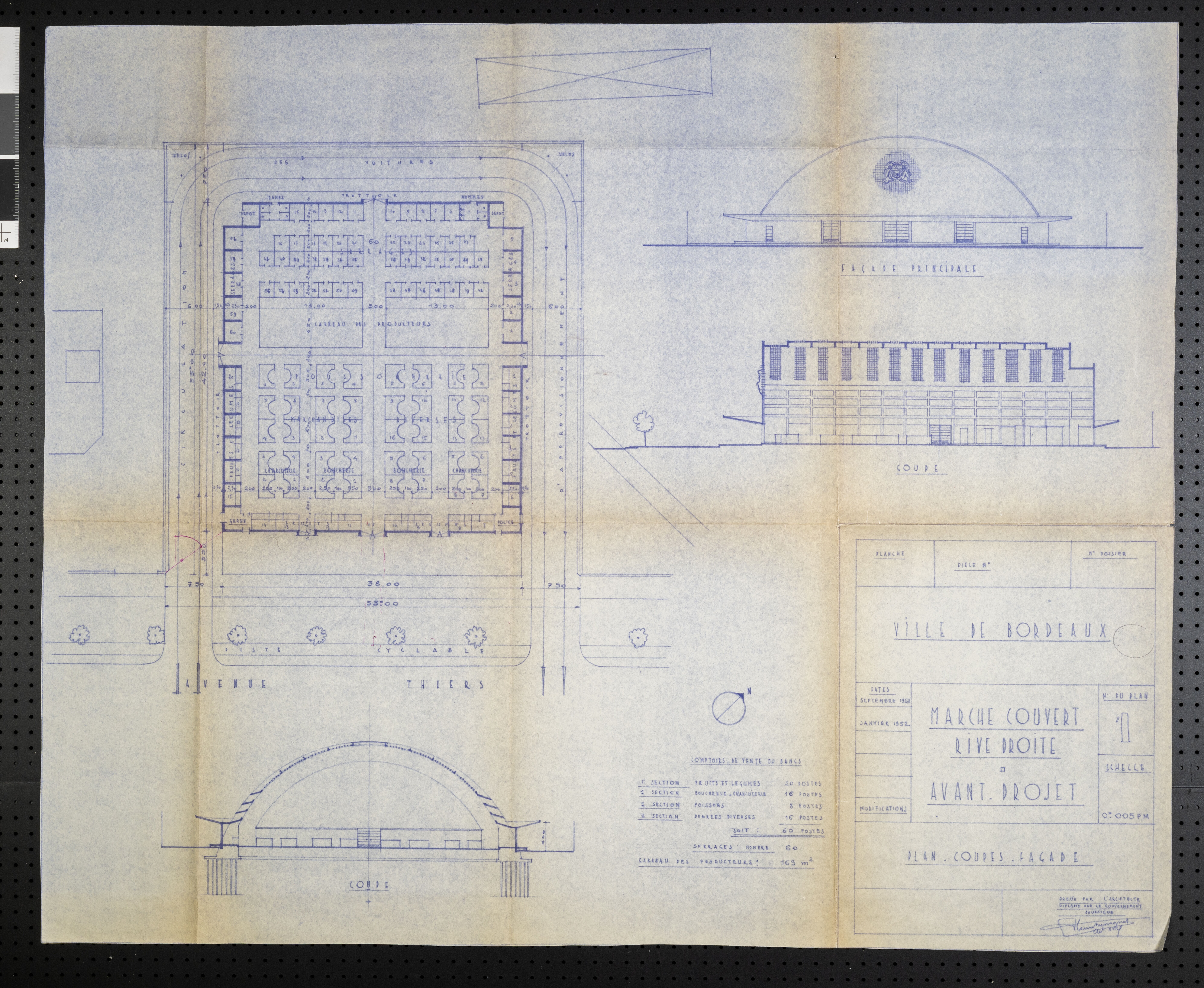 Plan, élévation et coupe du marché Thiers.