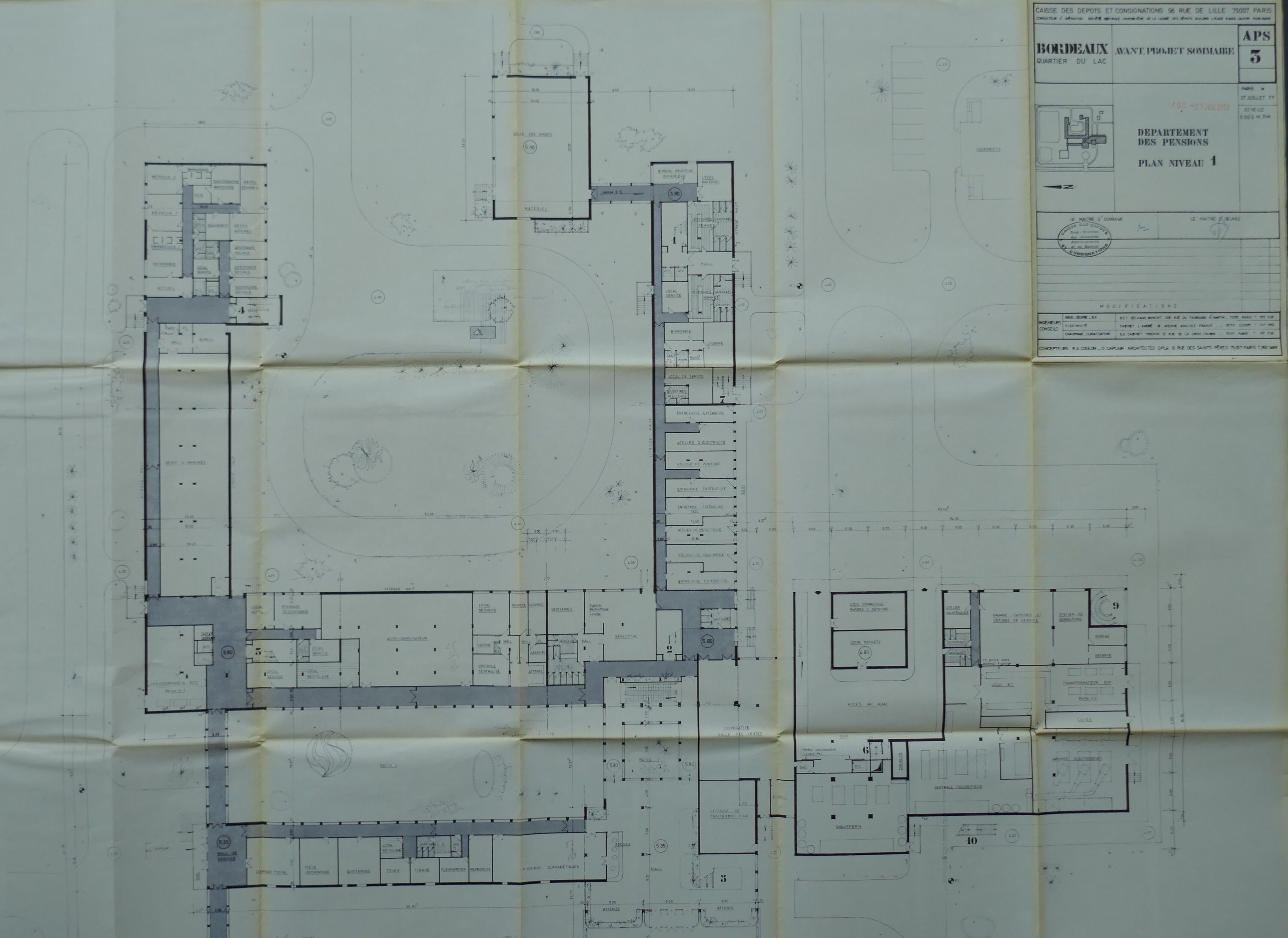 Plan du premier étage des bâtiments par les architectes René-André Coulon et Olivier Caplain, 1977.