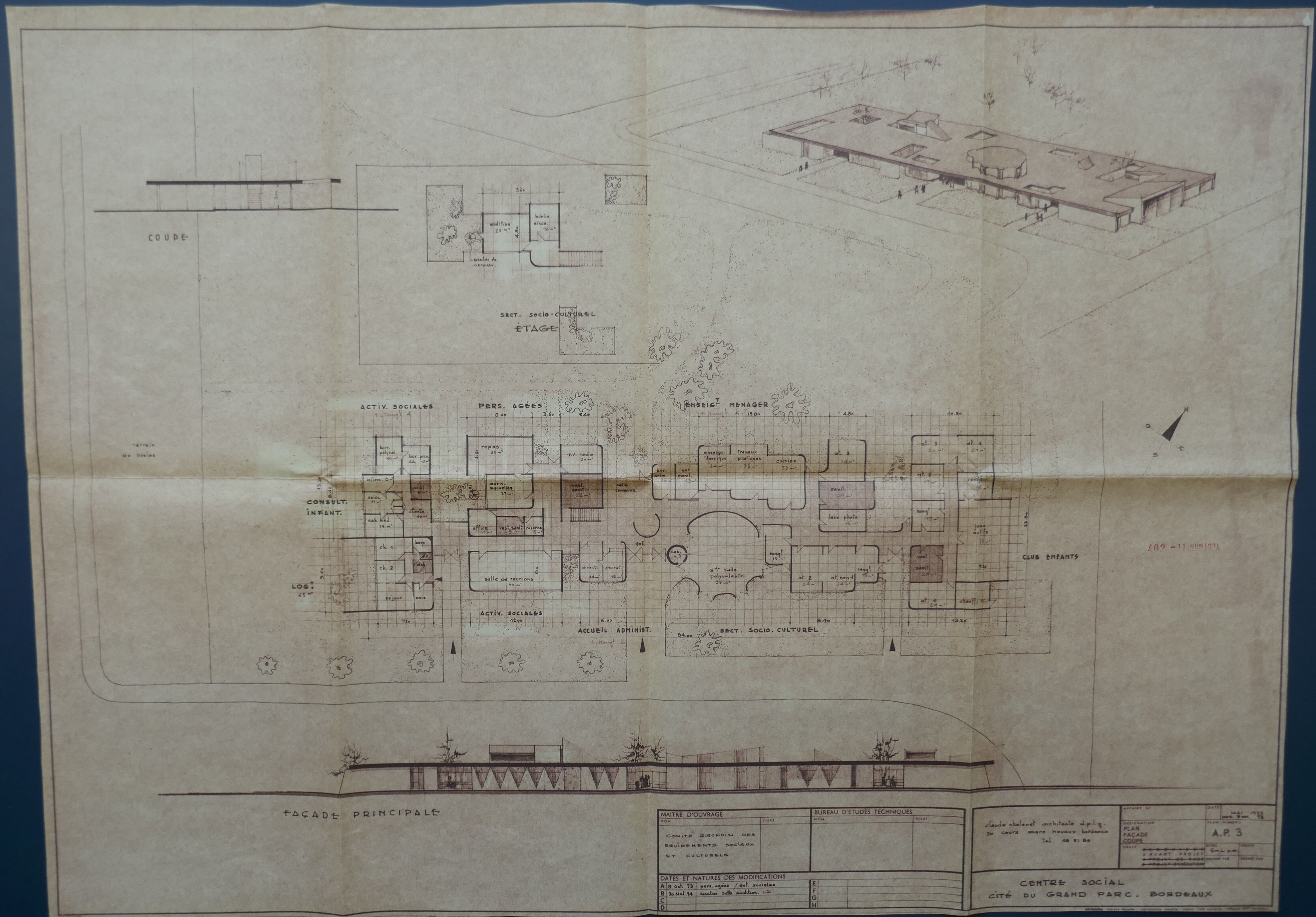 Plan, élévation et perspective par l'architecte Claude Chatenet en 1974.