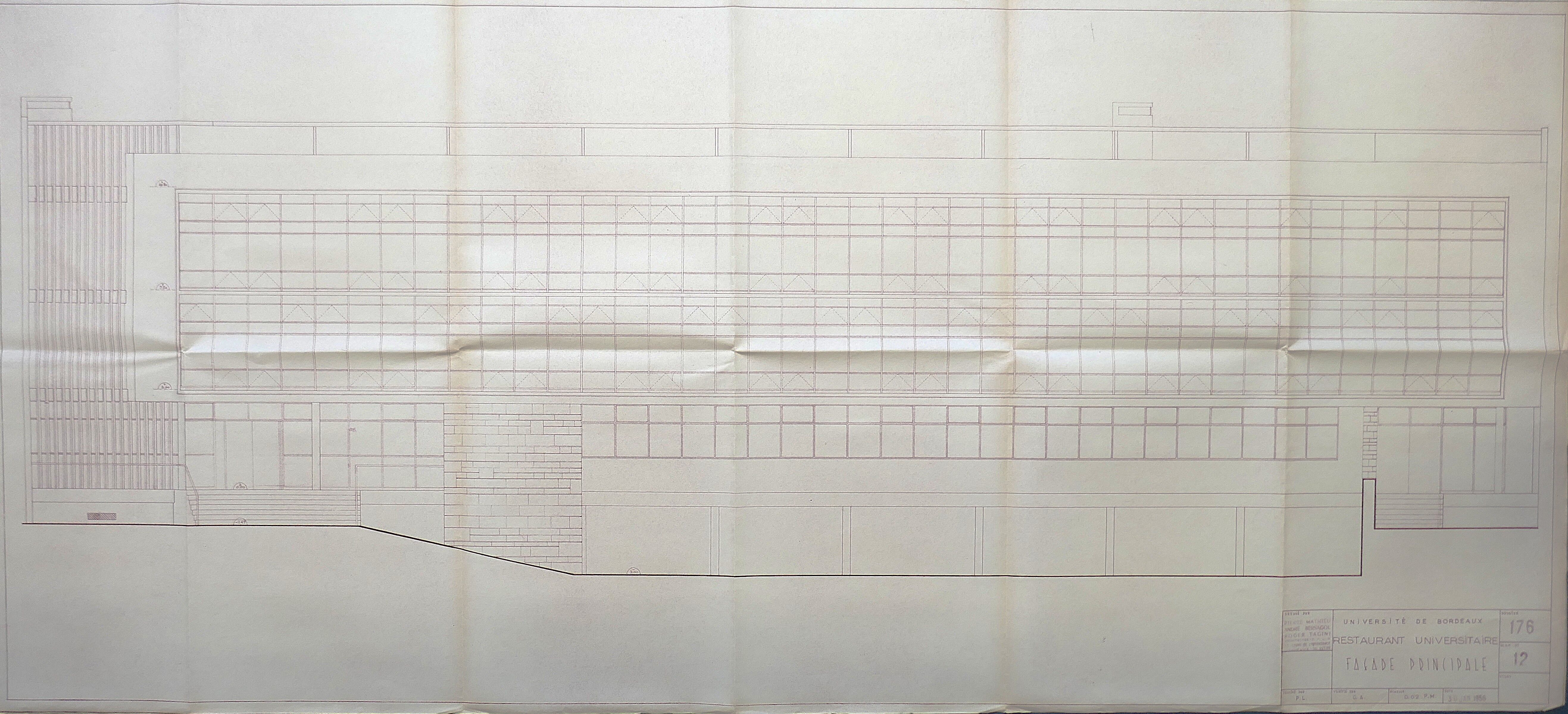 Élévation de la façade principale du restaurant universitaire par l'architecte Pierre Mathieu, 1956.