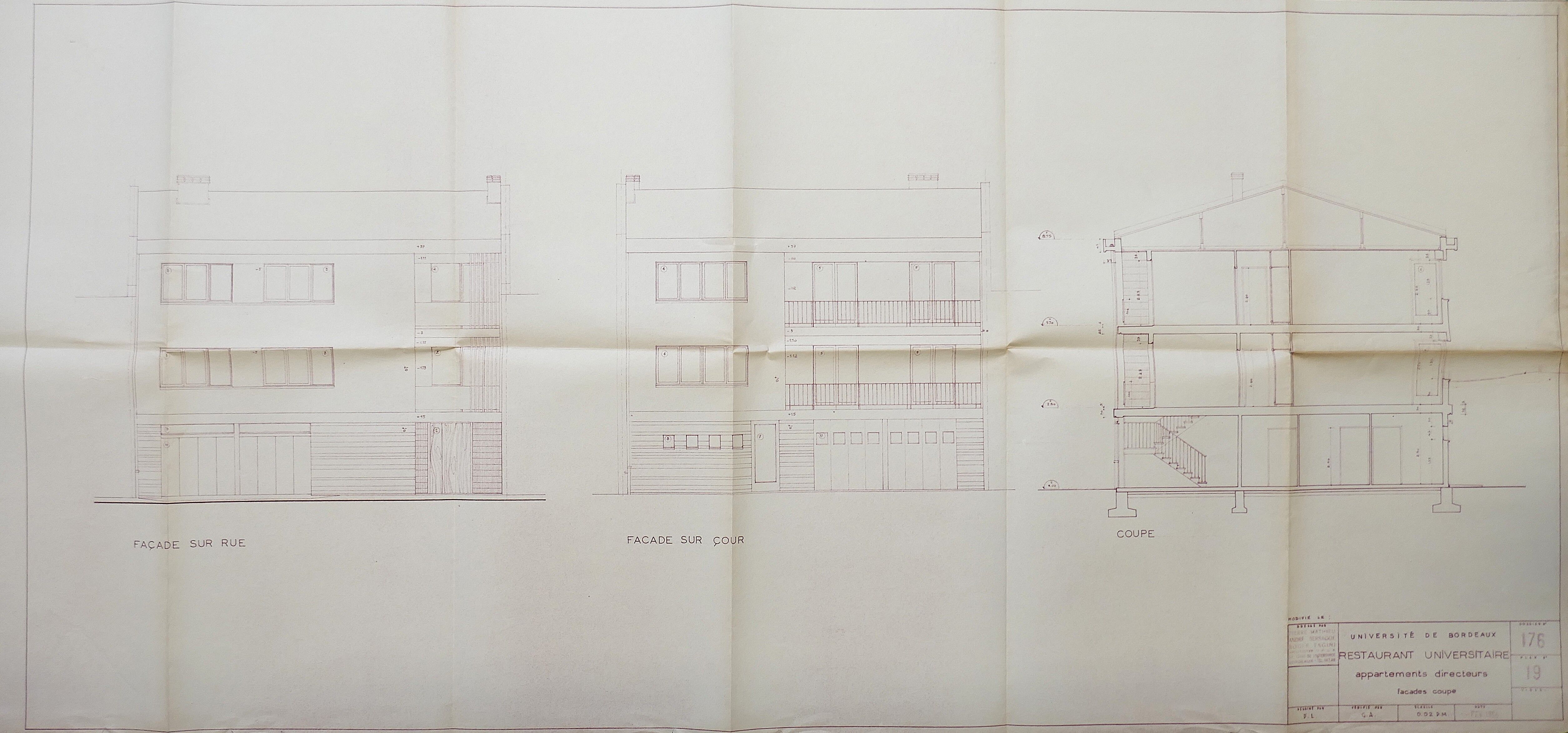 Élévation de la façade principale du logement des directeurs par l'architecte Pierre Mathieu, 1956.