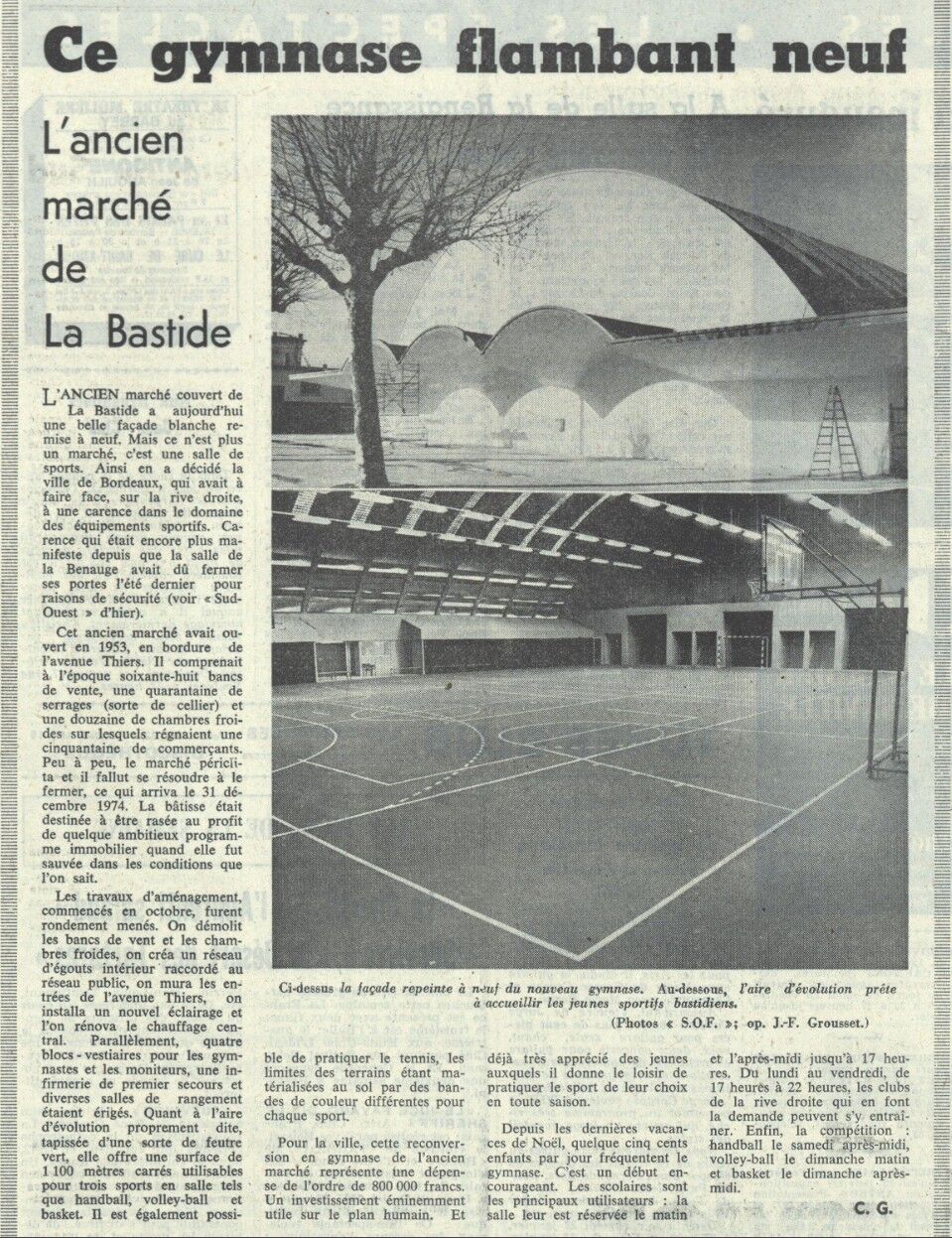 Article sur l'inauguration du nouveau gymnase dans l'ancien marché couvert en 1977.
