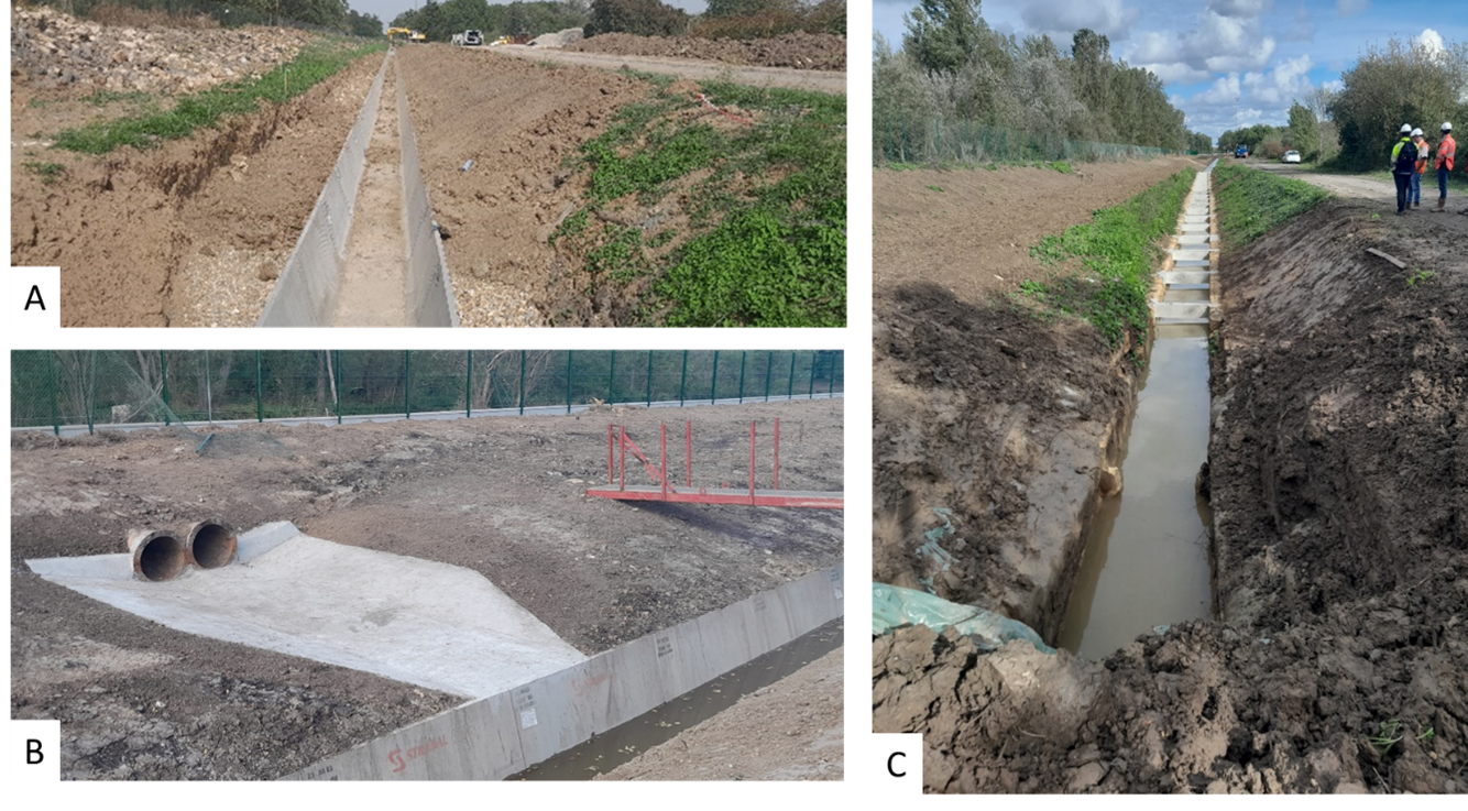 Travaux de restauration, 2023. A et C: mise en œuvre cuvelage béton, B: rejet eaux pluviales