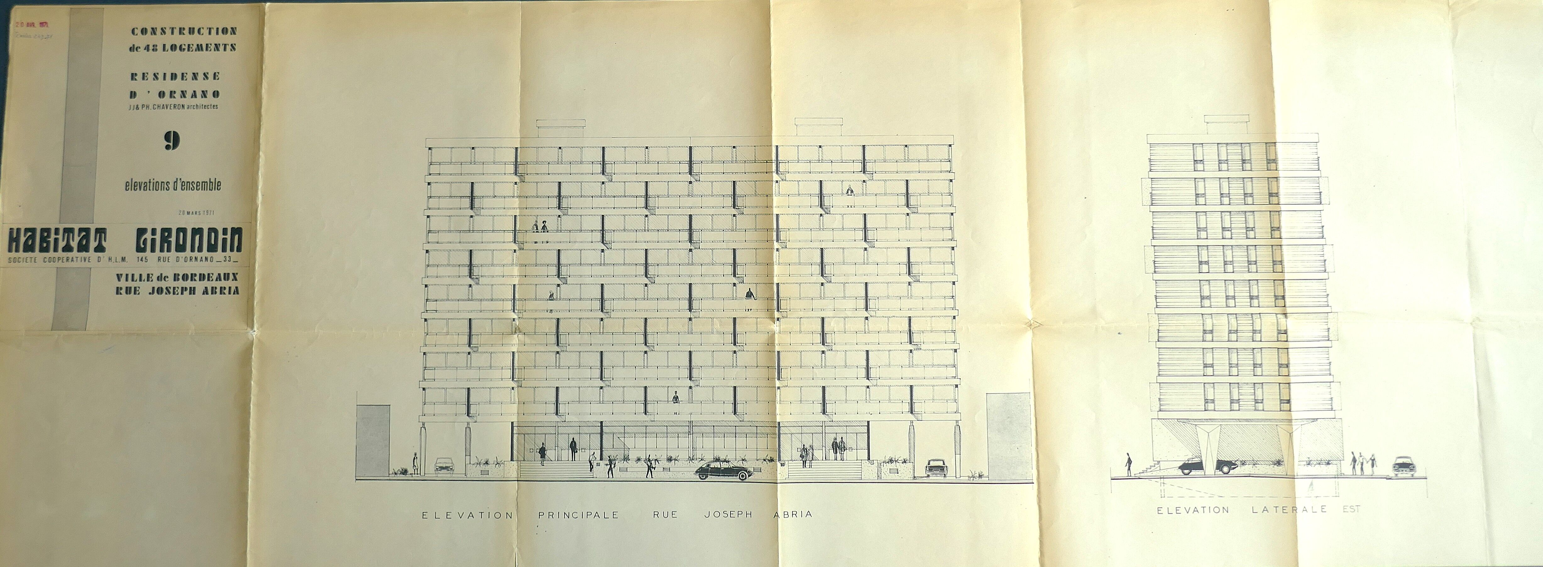 Élévations principales de la résidence par les architectes Jean-Jacques et Philippe Chaveron, 1970.