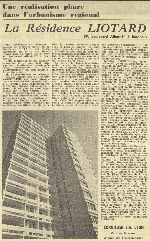 Inauguration de la résidence Liotard dans le journal Sud Ouest du 17 mars 1969.