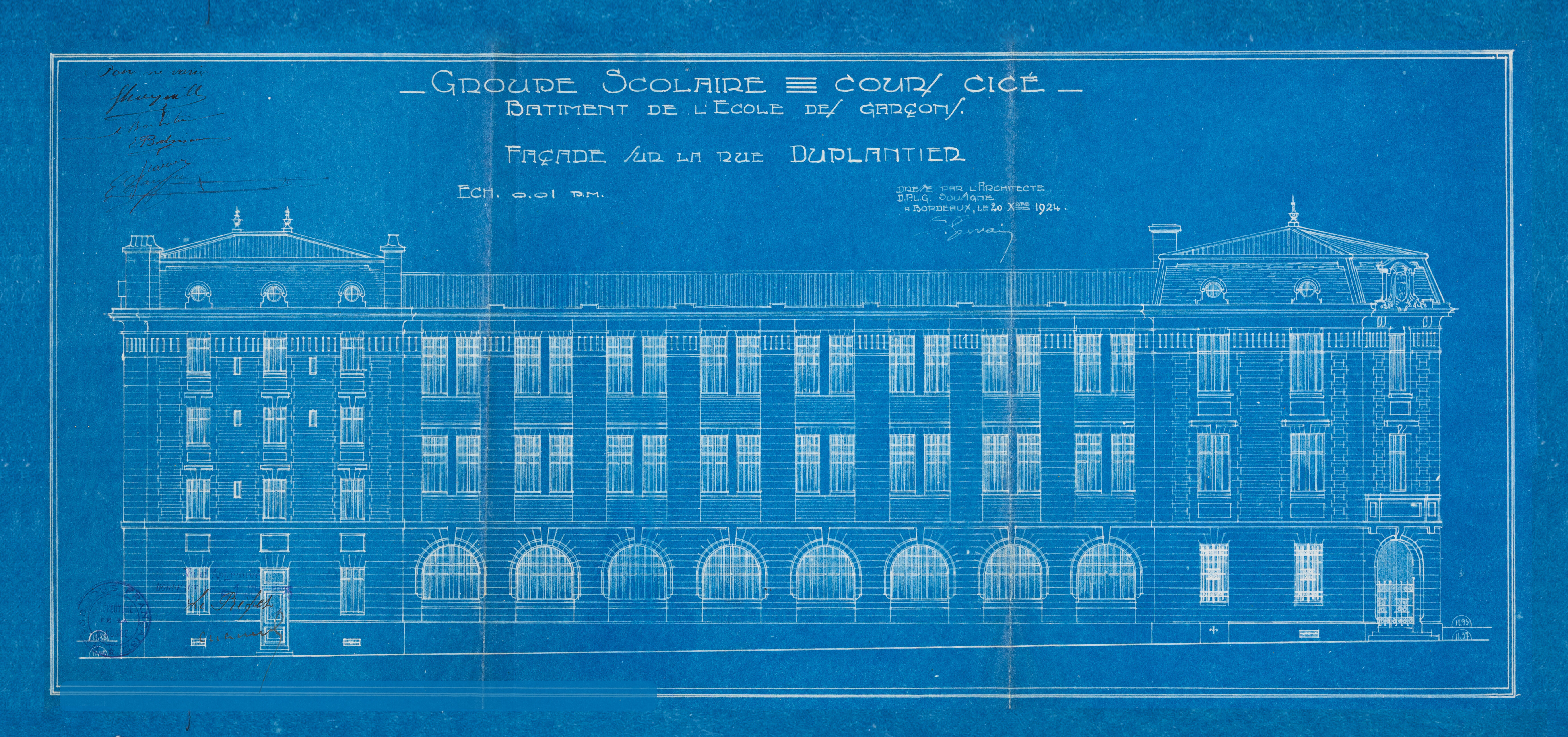 Élévation des façades sur l'actuelle rue Claude-Bonnier par l'architecte Daniel Gervais en 1924.