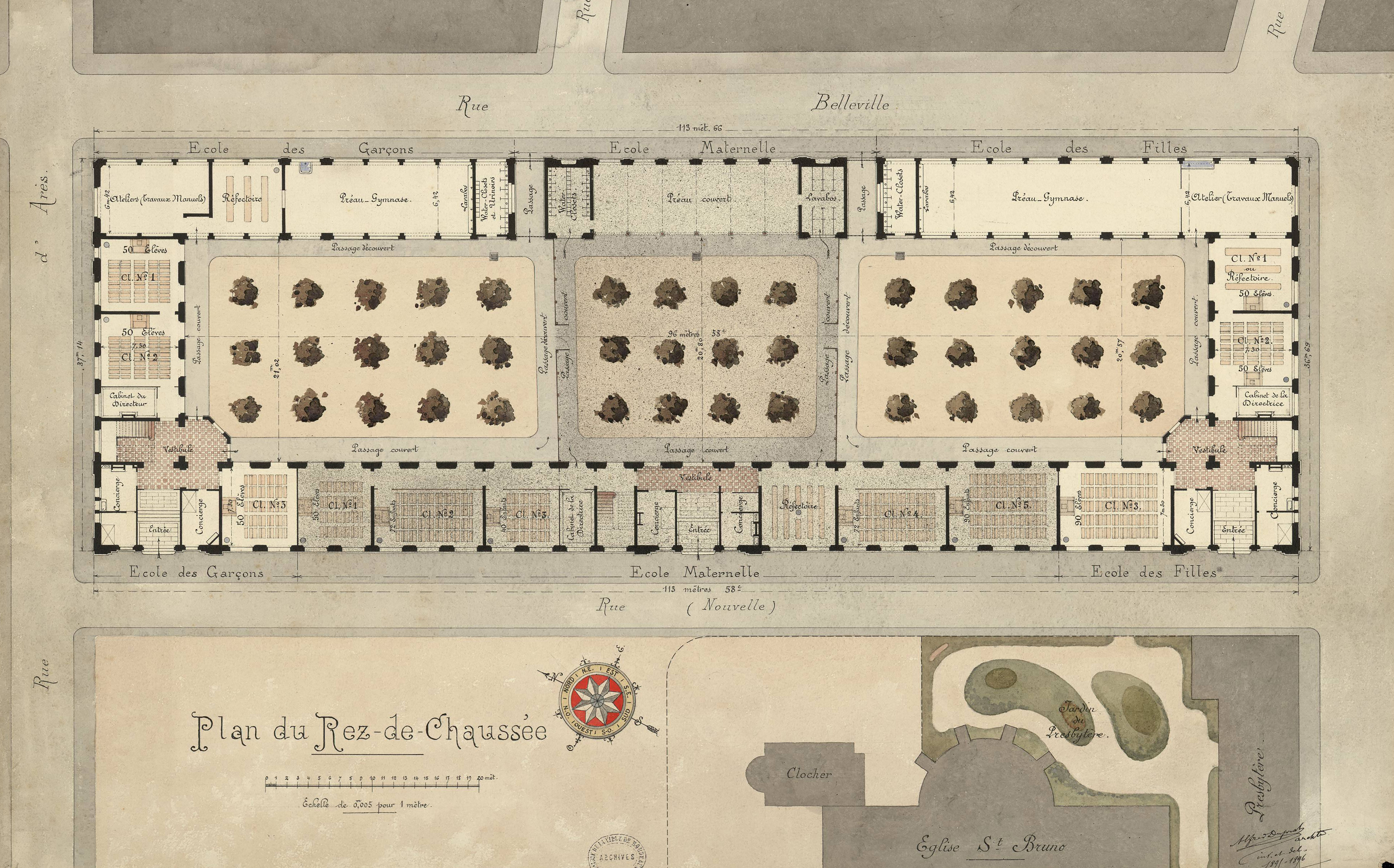 Plan du rez-de-chaussée par l'architecte Bertrand Alfred-Duprat en 1896.