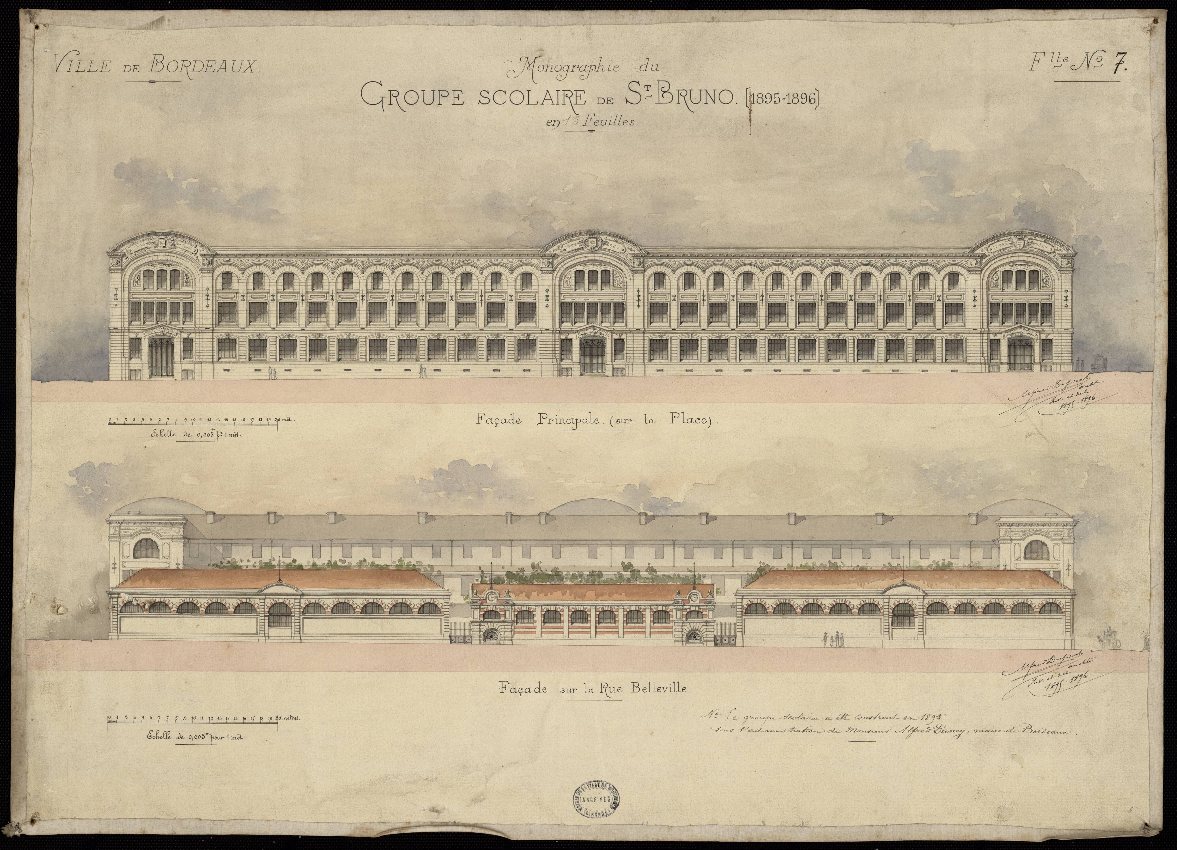 Élévations des façades principales par l'architecte Bertrand Alfred-Duprat en 1896.