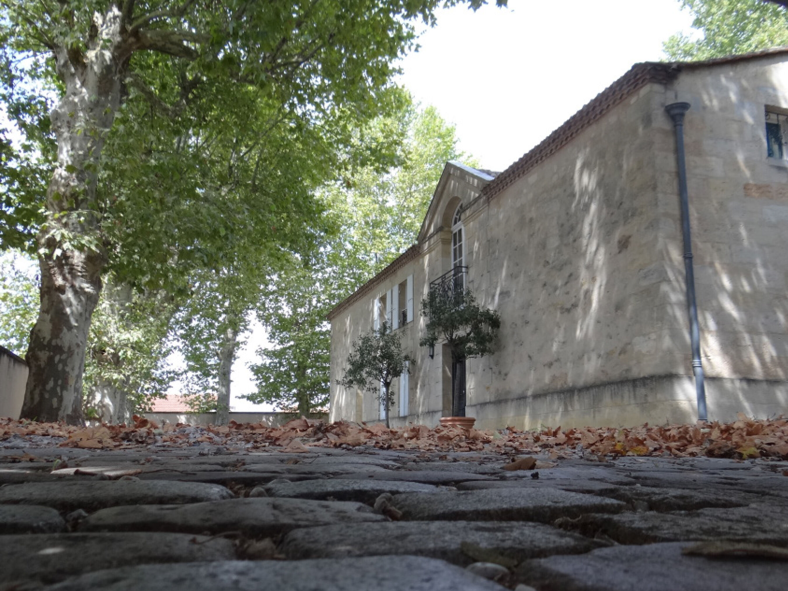 Vue sur la cour pavée et la façade principale de la maison
