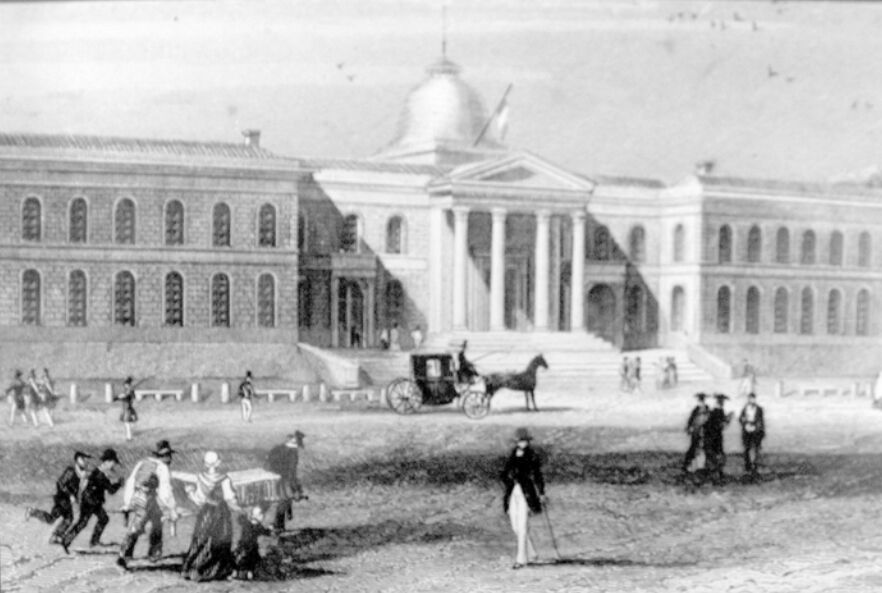 Elévation principale de l'hôtel Dieu, devant la place d'armes, vers 1840. BMB, fonds Fayolle 1207