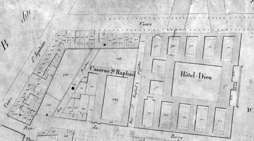 L'hôtel Dieu sur le cadastre de 1820-1830. AMB