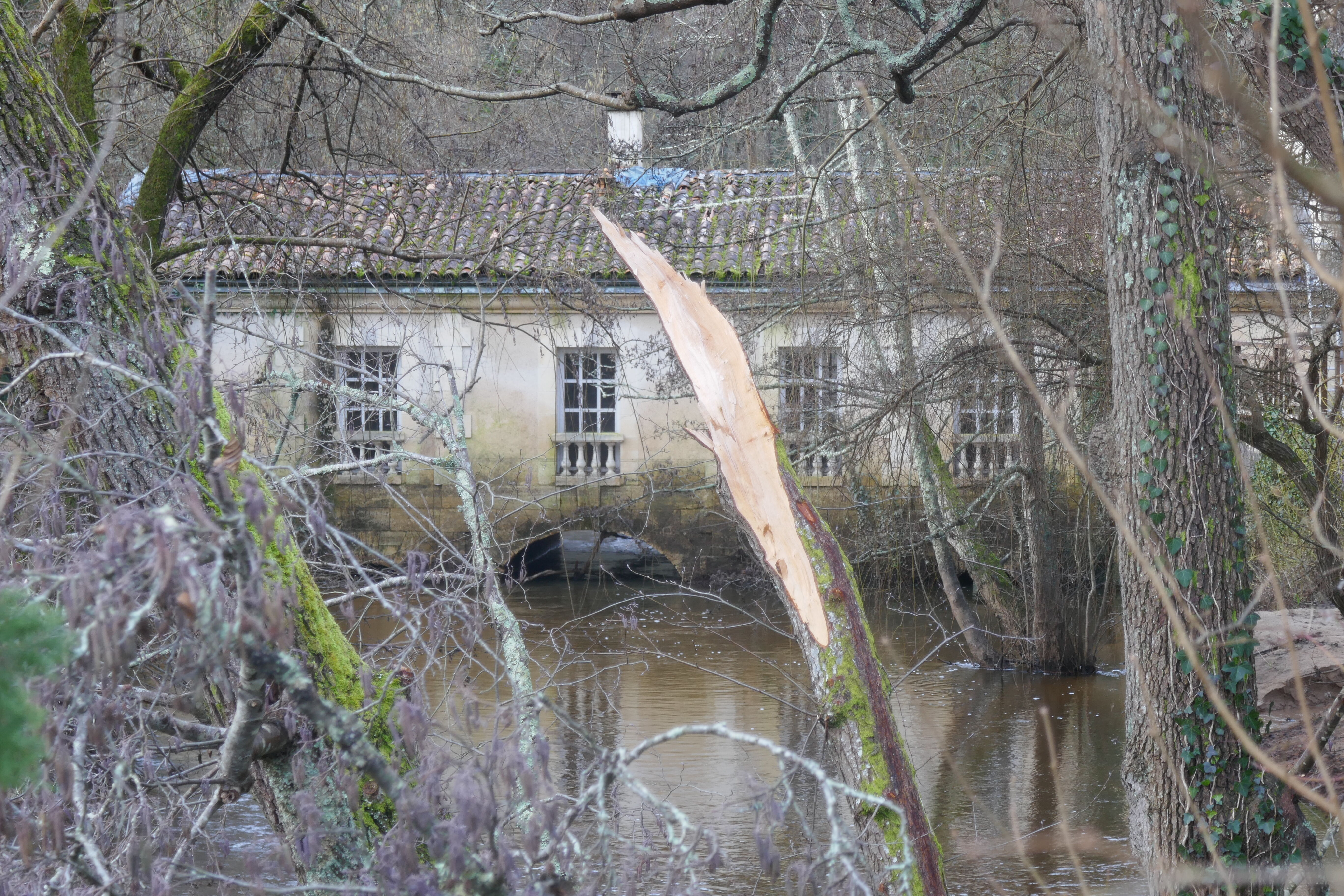 Bâtiment du moulin, vue depuis l’aval en 2024.