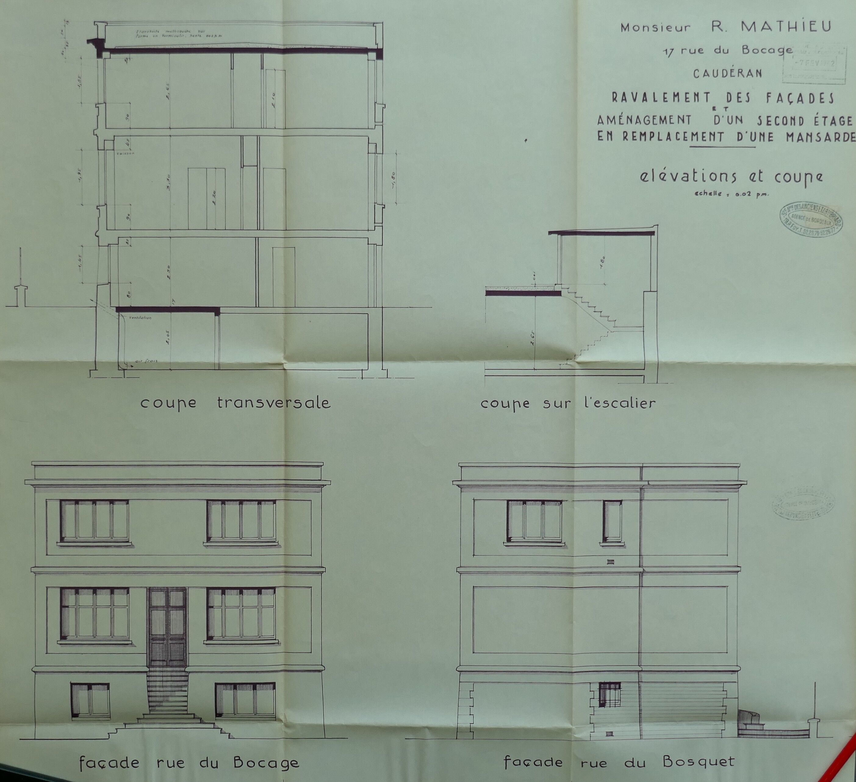 Élévations et coupes de la nouvelle maison par l'entreprise Briard en février 1962.