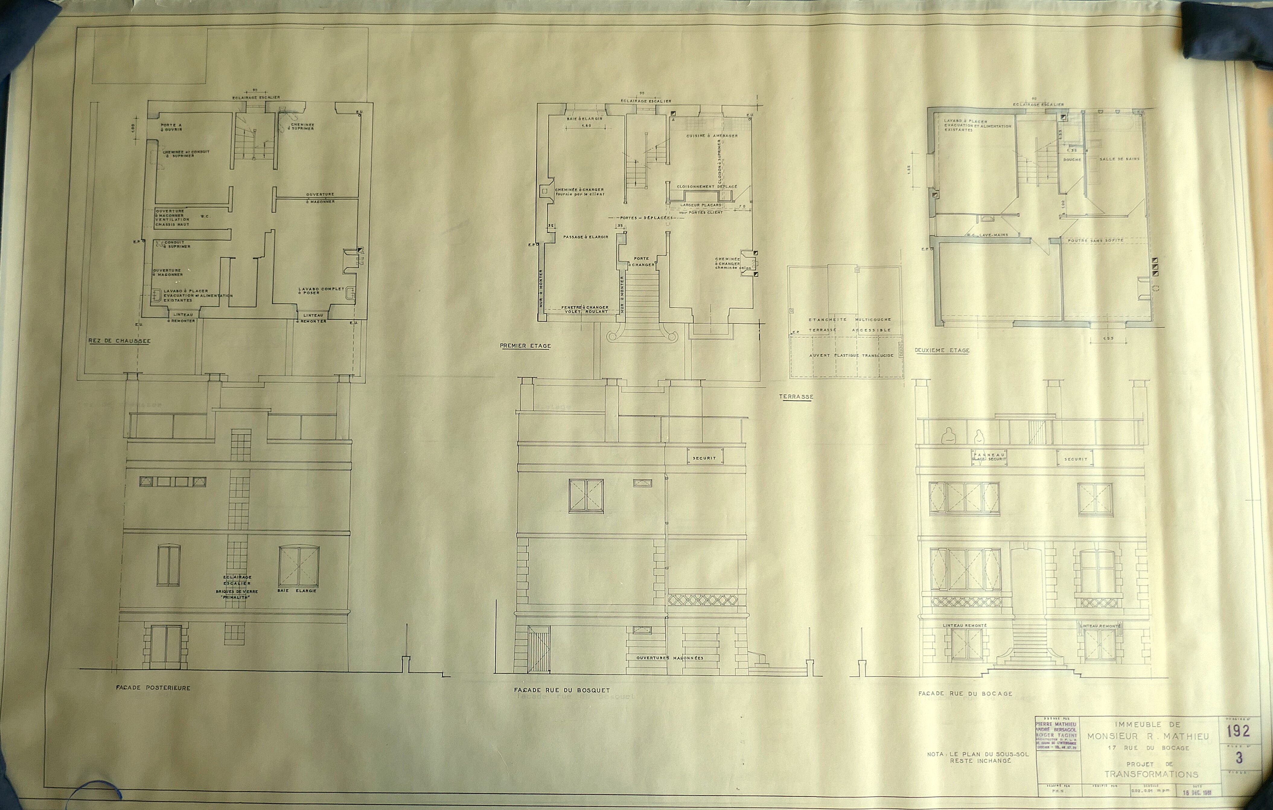 Plans et élévations de la nouvelle maison par l'agence M.B.T. en décembre 1961.