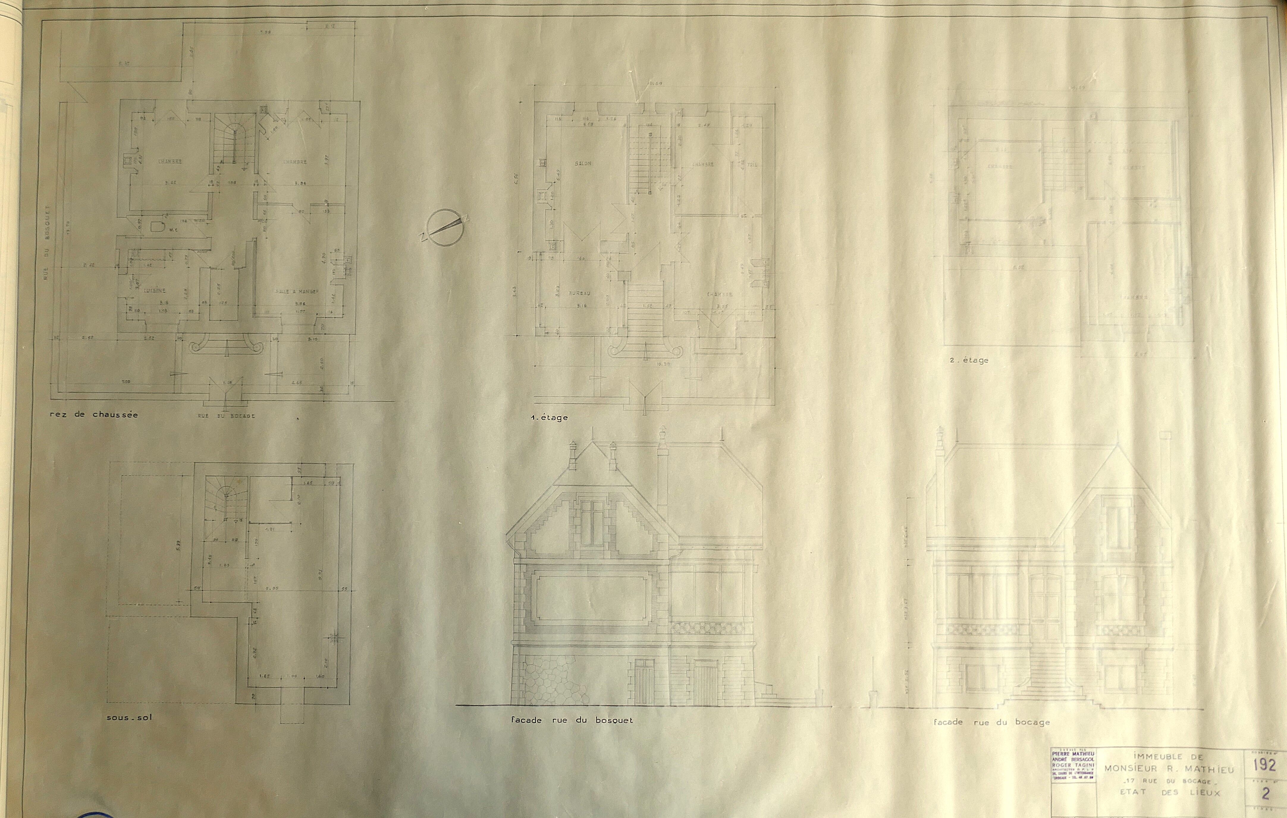 Plans et élévations de l'ancien chalet par l'agence M.B.T. en décembre 1961.