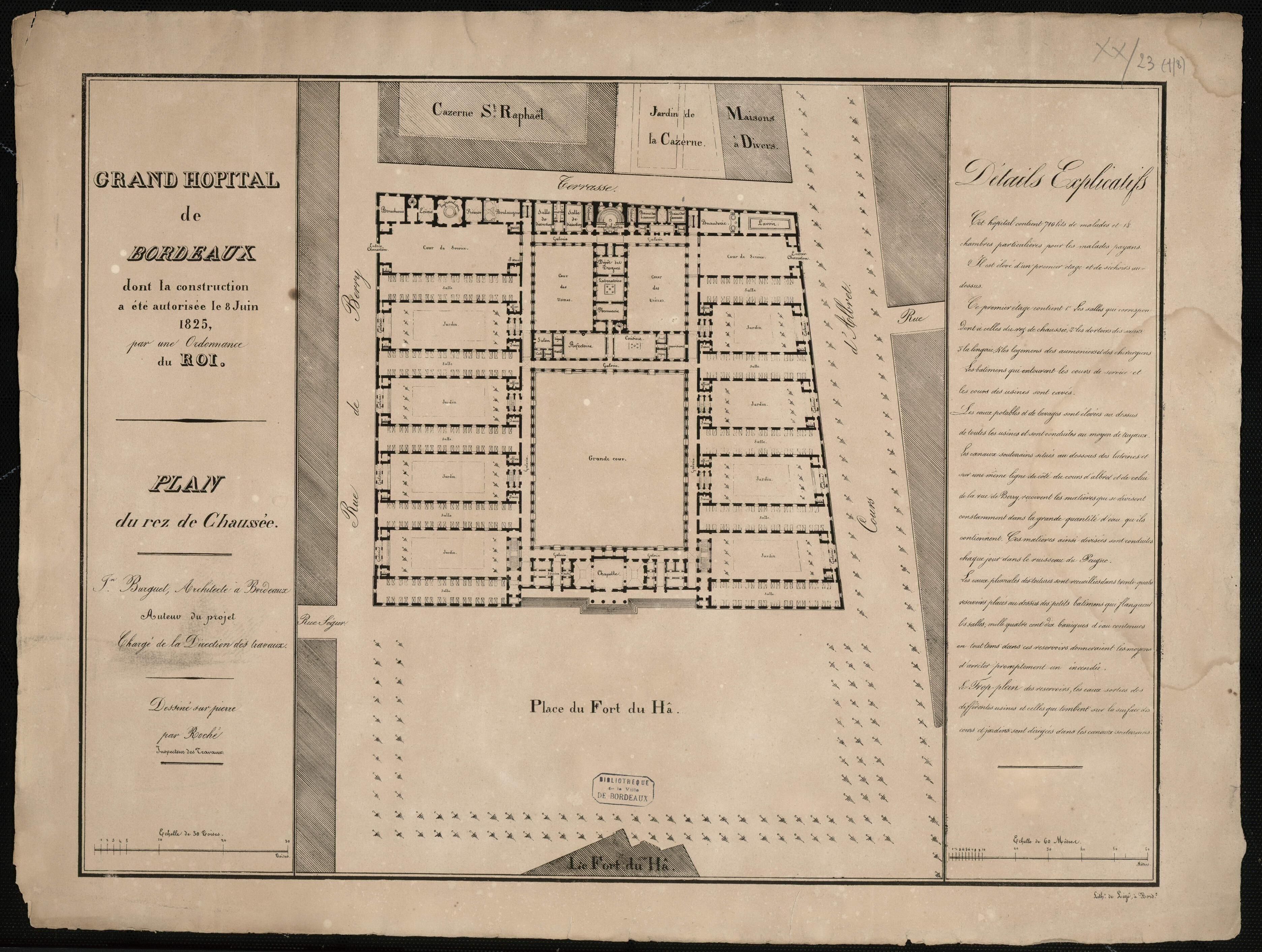 Plan explicatif du nouvel hôpital avec la chapelle sur la place par Burguet, gravure vers 1830.