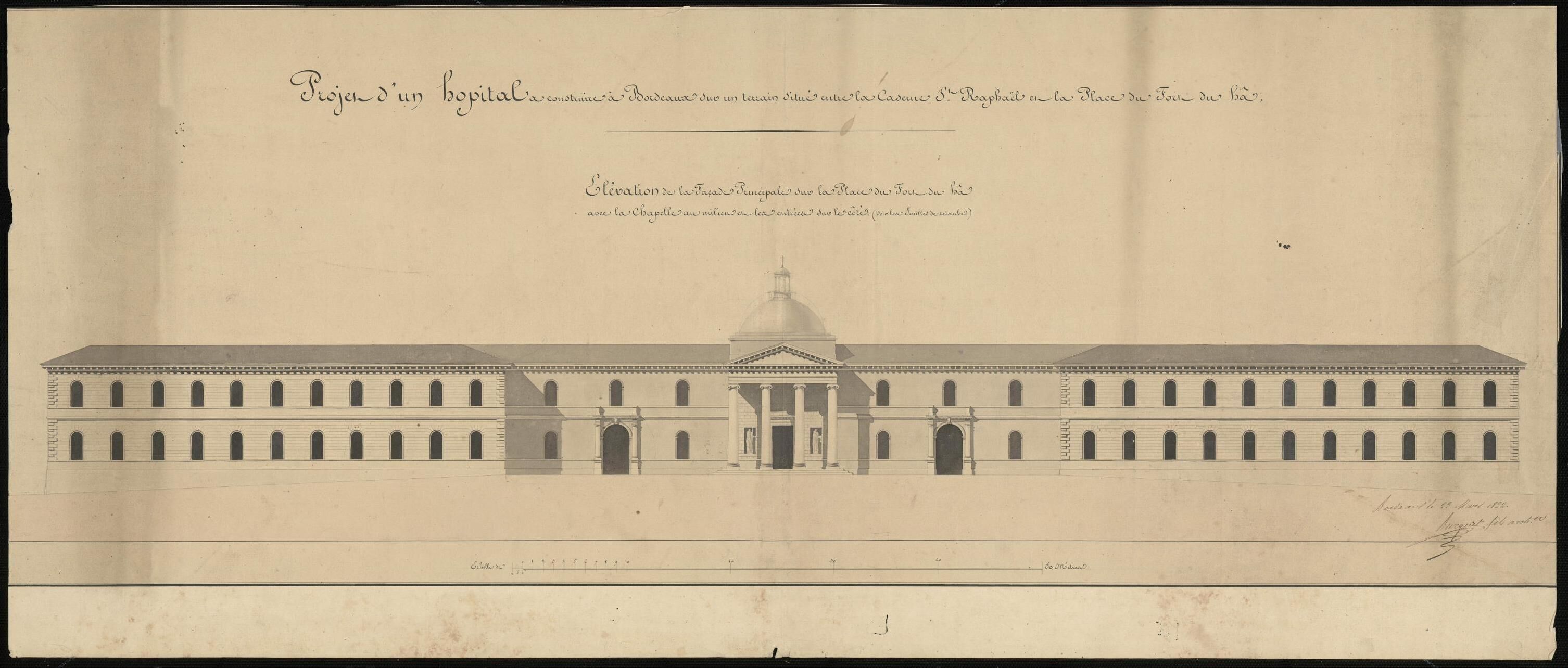Élévation de la façade principale de l'hôpital avec la chapelle au centre par Burguet, 1822.