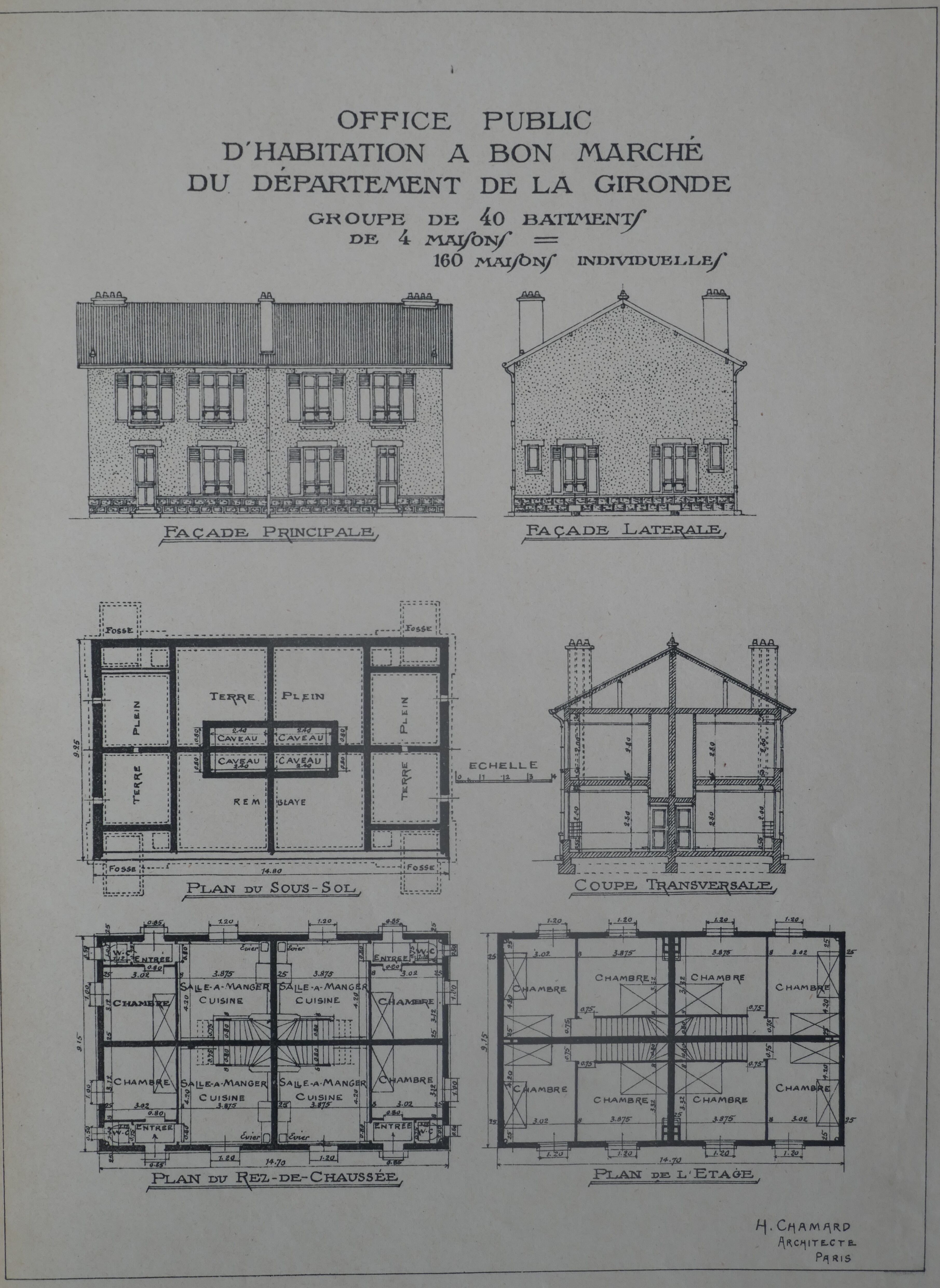 Élévations et plans des maisons par l’architecte Henri Chamard.