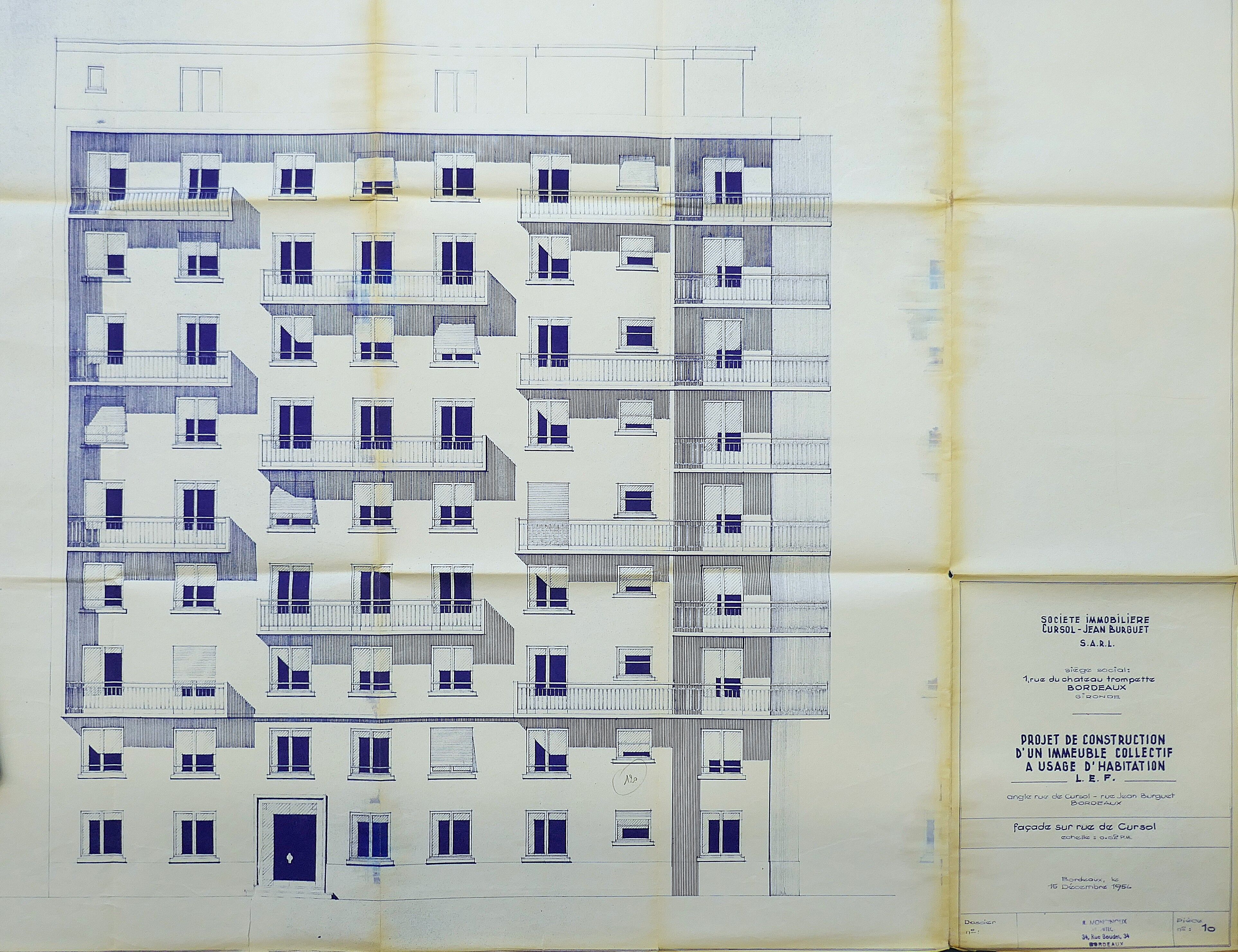 Élévation de la façade sur la rue Cursol par l'architecte Robert Monginoux en 1956.
