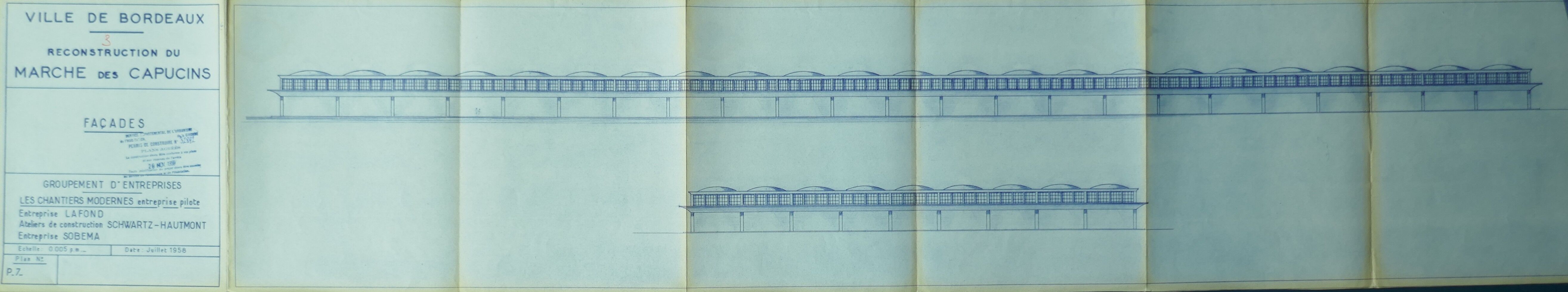 Les façades principales des deux halles par l'entreprise Les Chantiers Modernes en 1958.