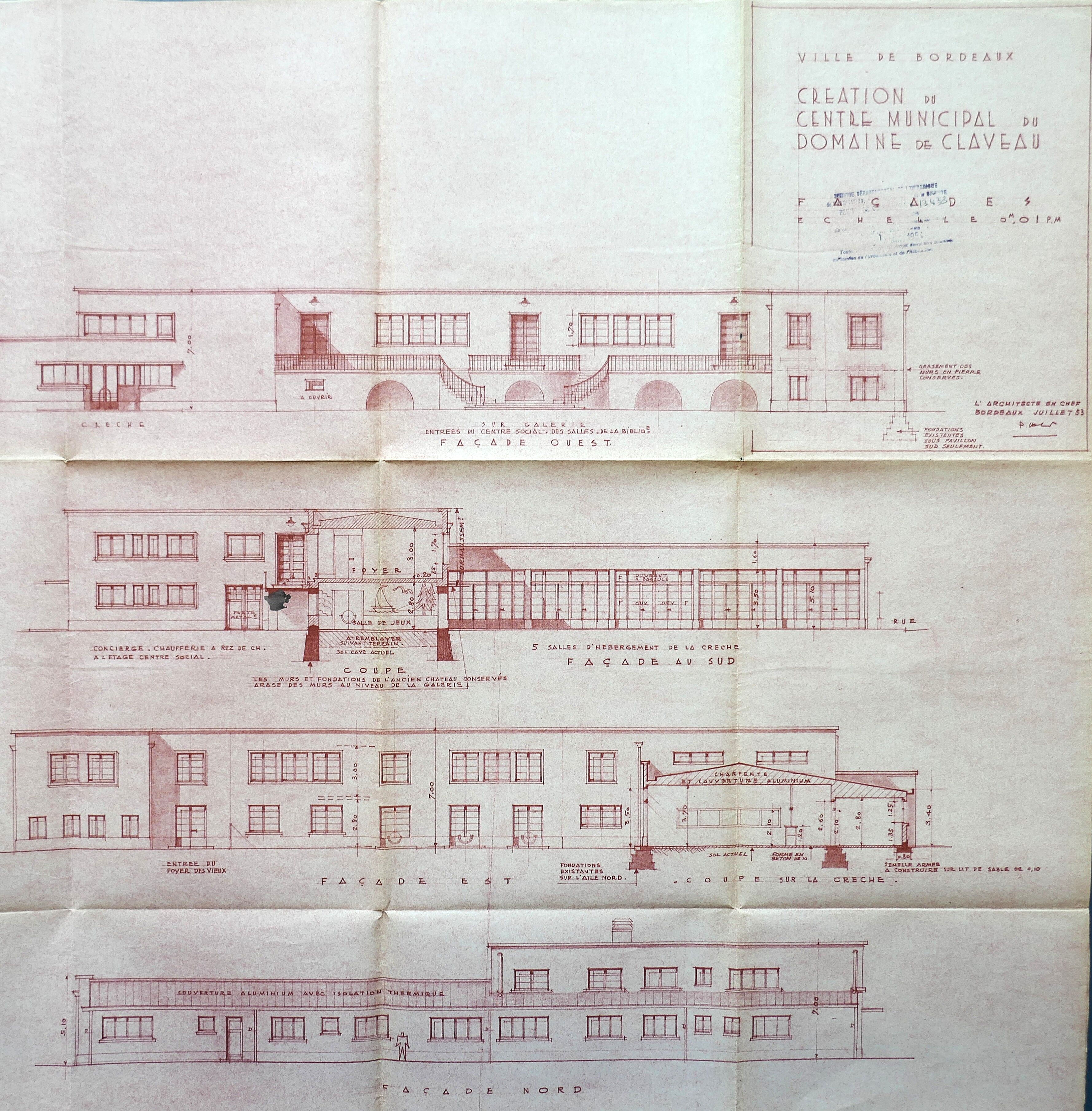 Façades et élévations du centre municipal par l'architecte Paul Vollette, 1953.