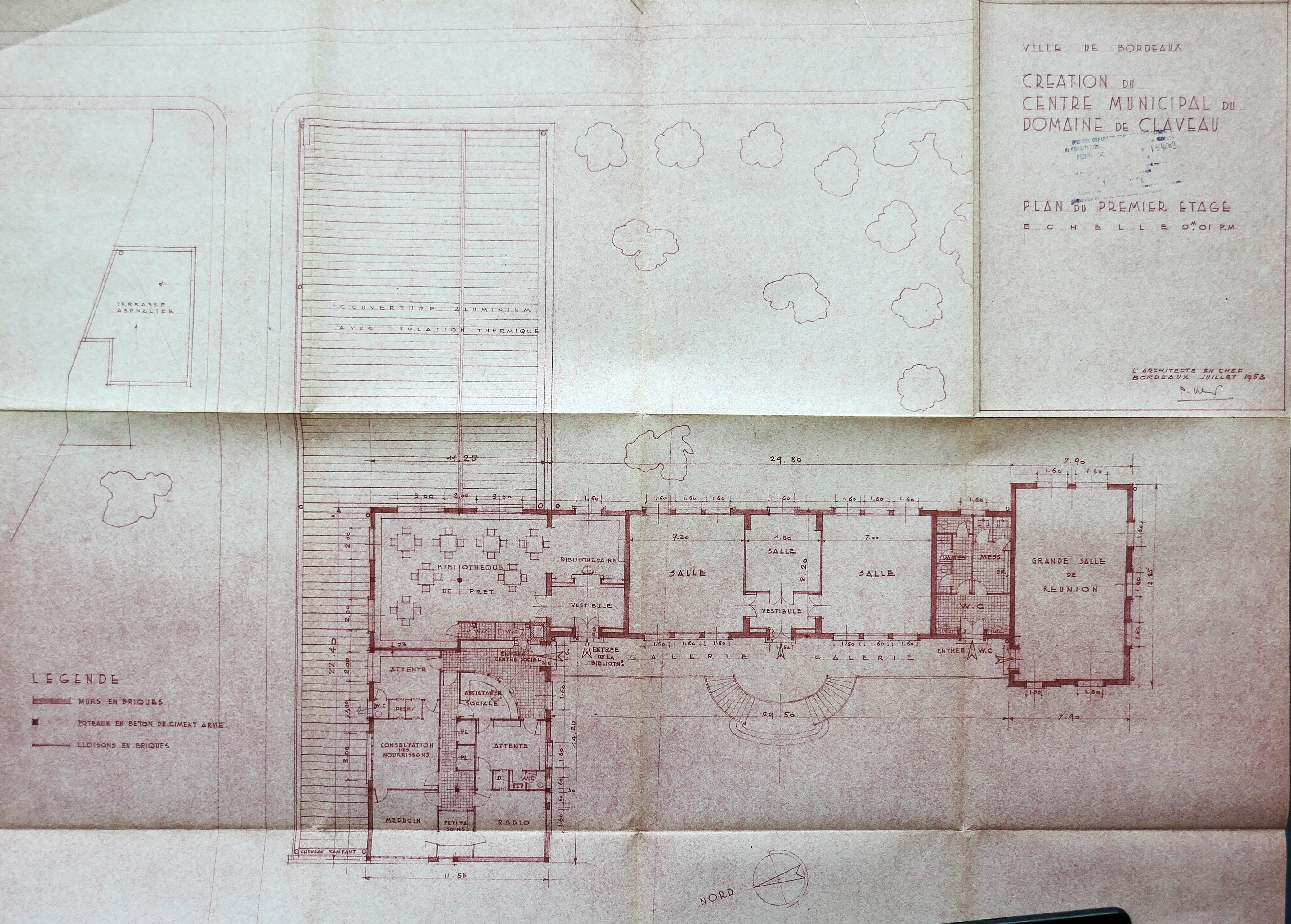 Plan de l'étage du centre municipal par l'architecte Paul Vollette, 1953.